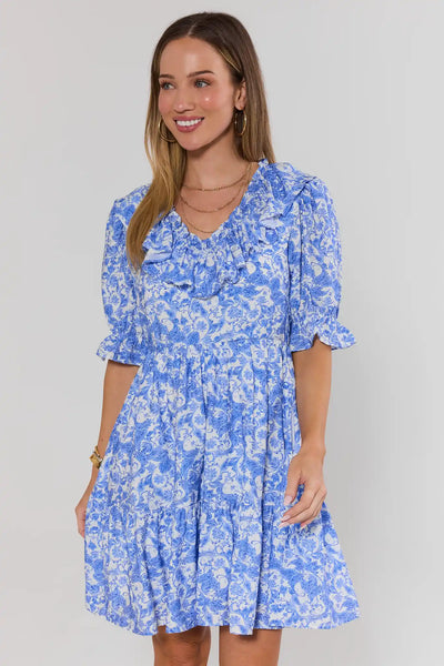 Women's Blue Printed Puff Sleeve Dress | Avara