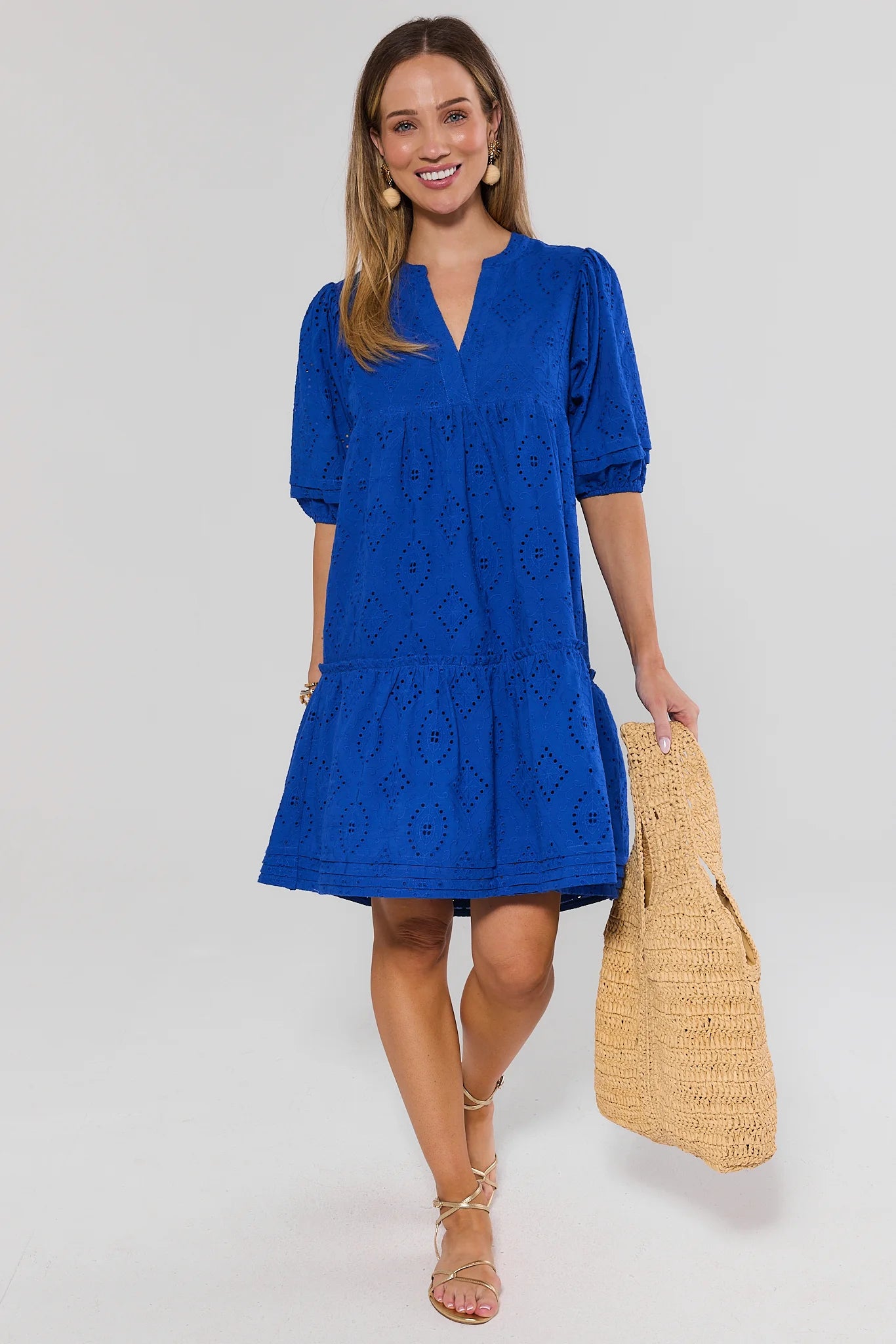 Blue Eyelet Split Neck Short Dress | Avara Blue Eyelet Split Neck Short Dress | Avara