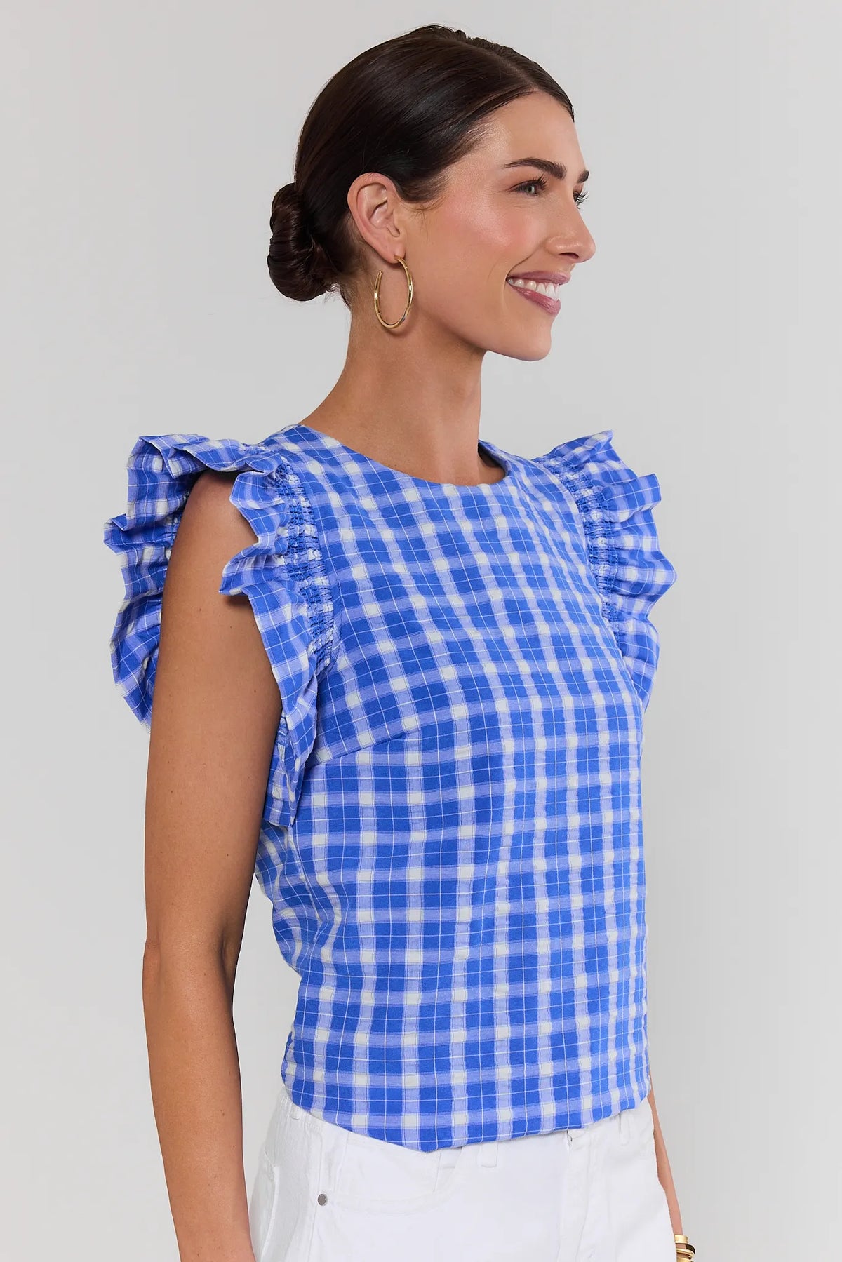 トップス warem Women's Blue Gingham Flutter Sleeve Top | Avara | Avara