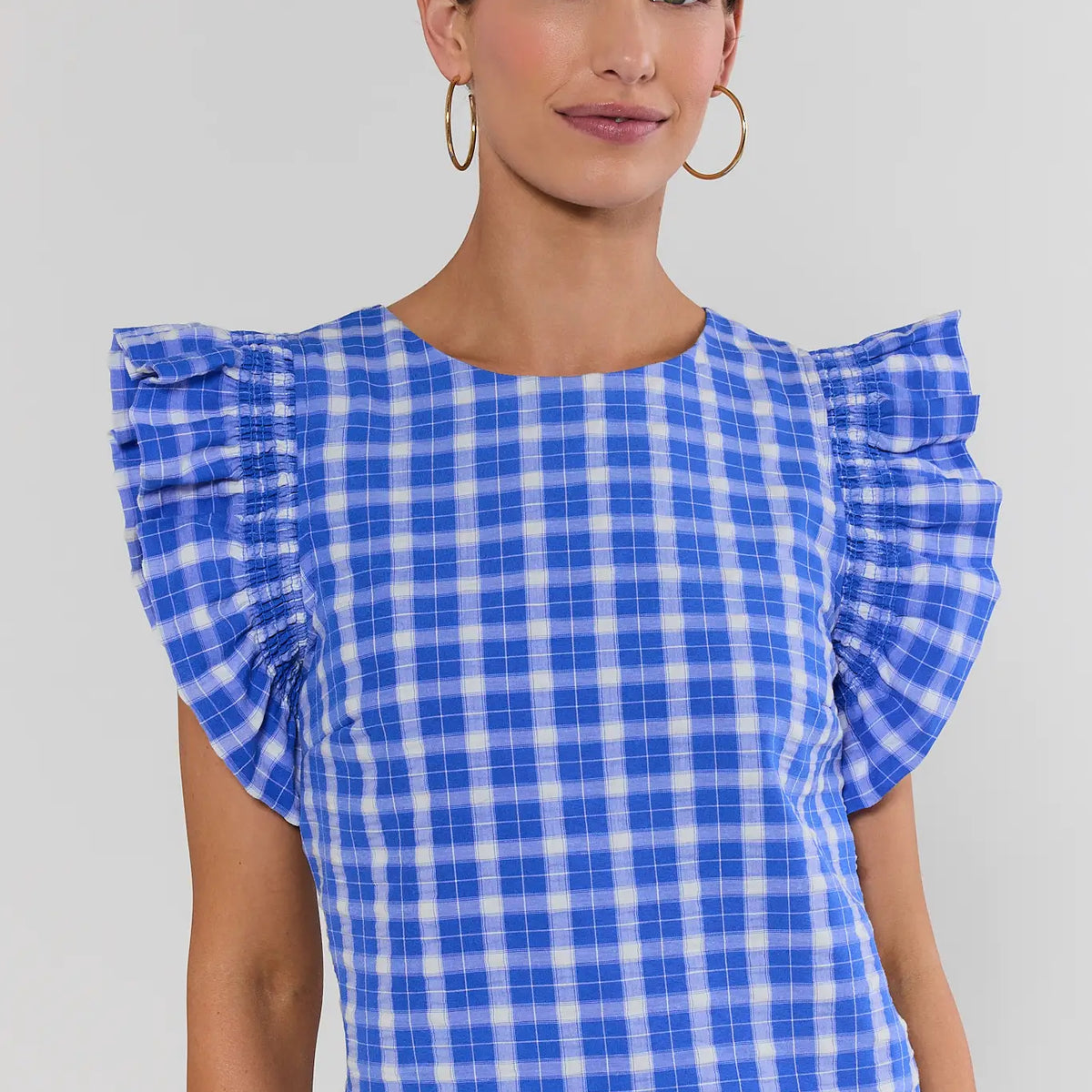 Women's Blue Gingham Flutter Sleeve Top | Avara | Avara