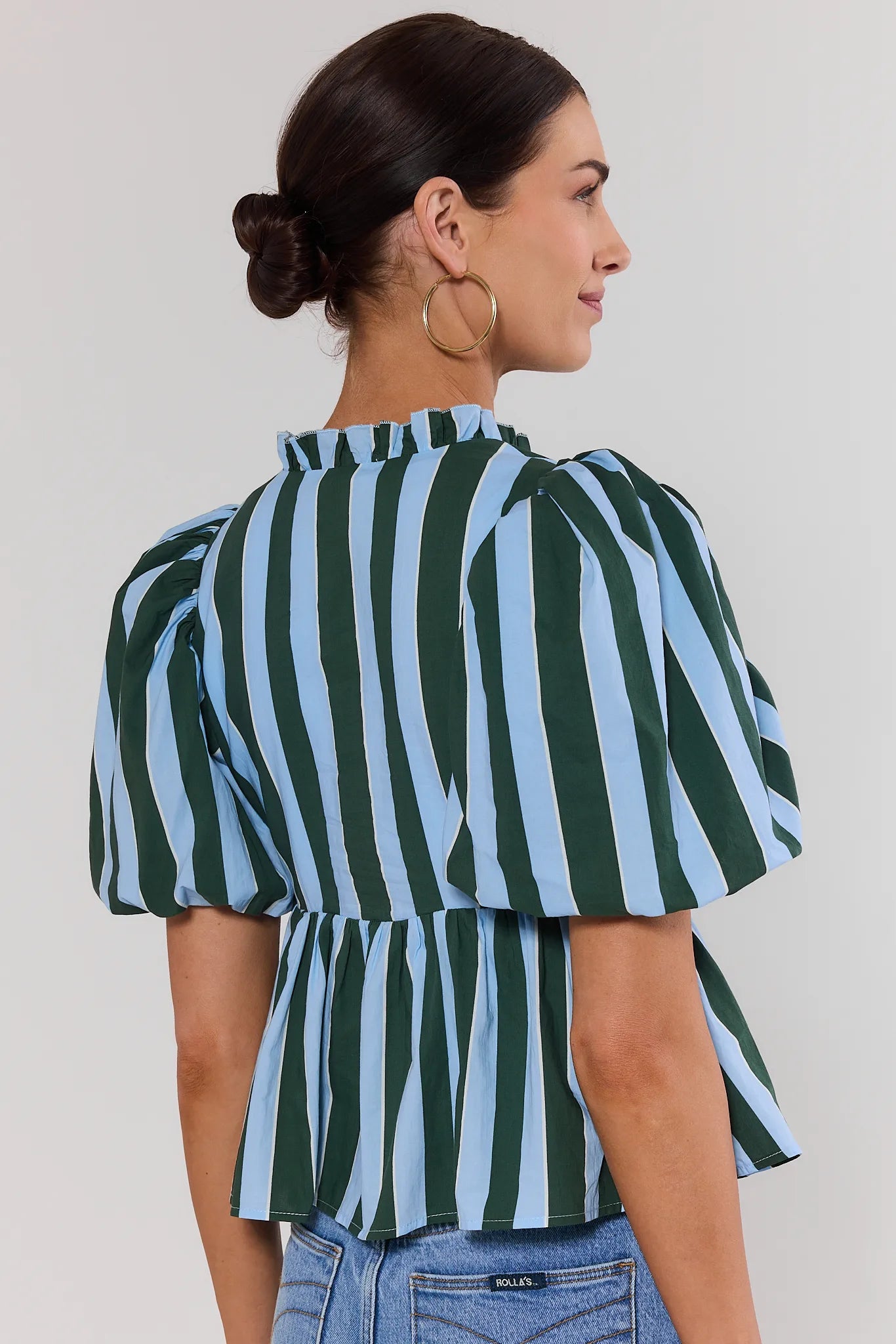 Blue Striped Ruffle Peplum Top | Avara