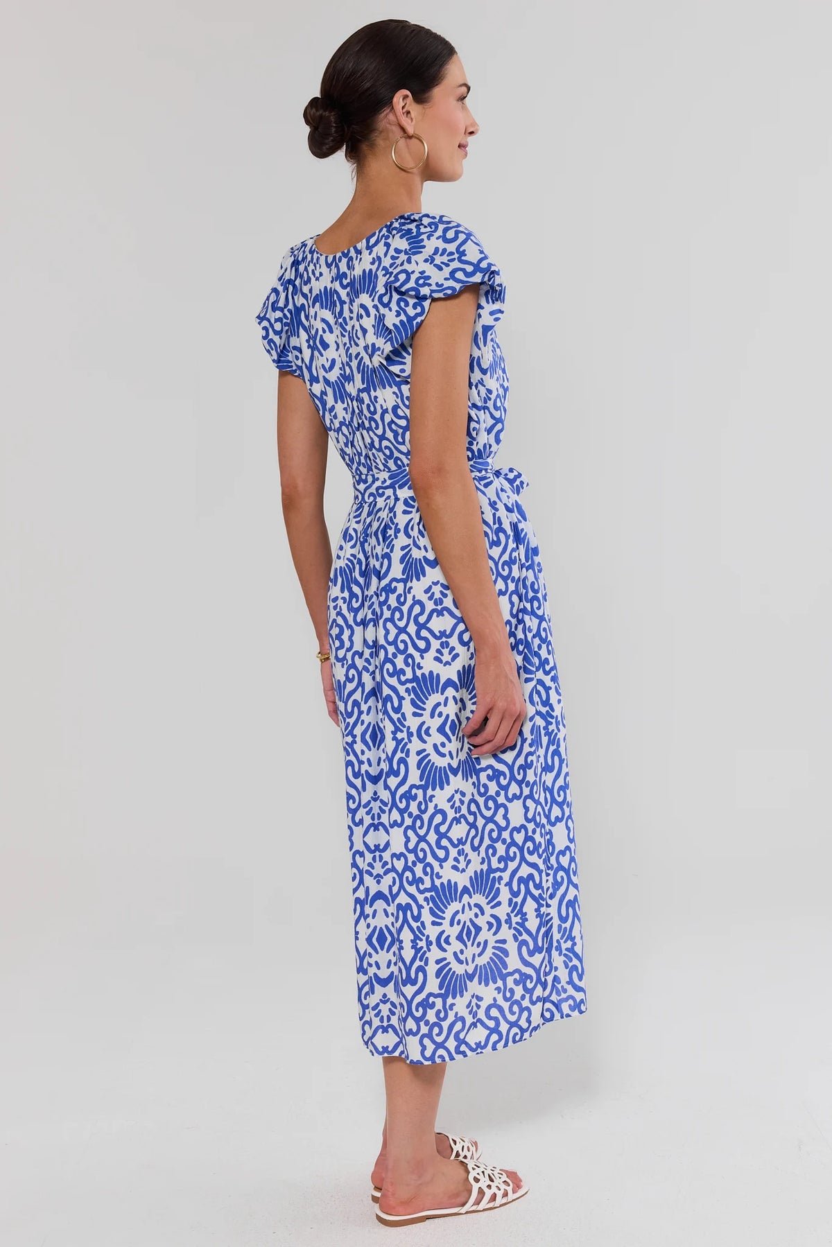 Blue Printed Tie Waist Midi Dress