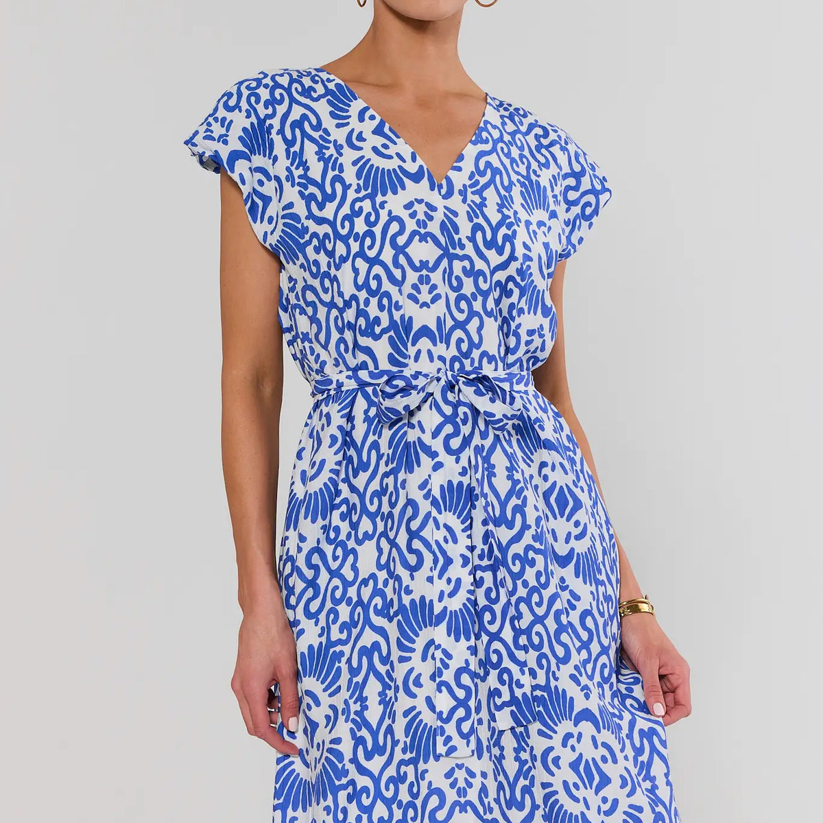 Blue Printed Tie Waist Midi Dress Blue Printed Tie Waist Midi Dress