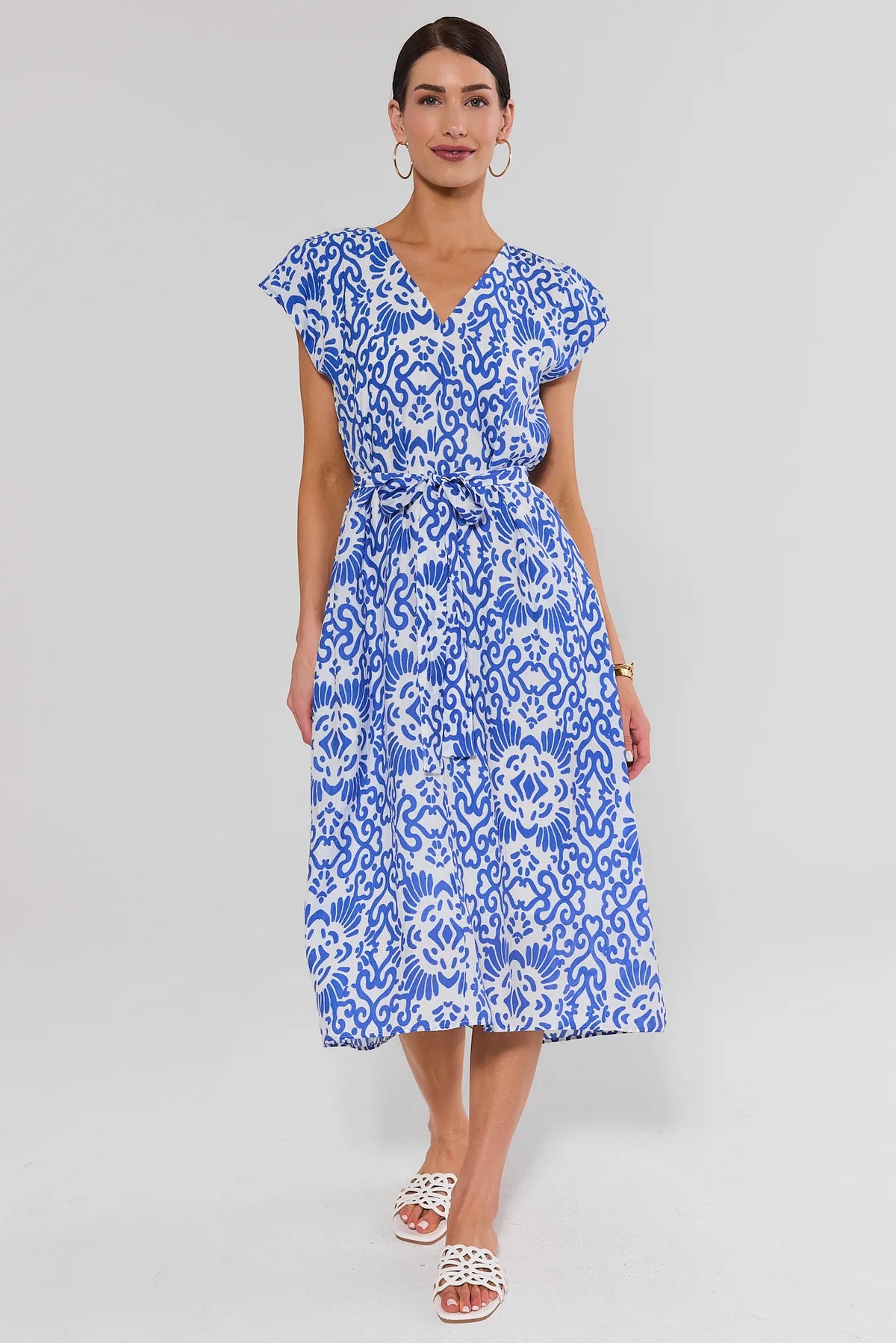 Blue Printed Tie Waist Midi Dress