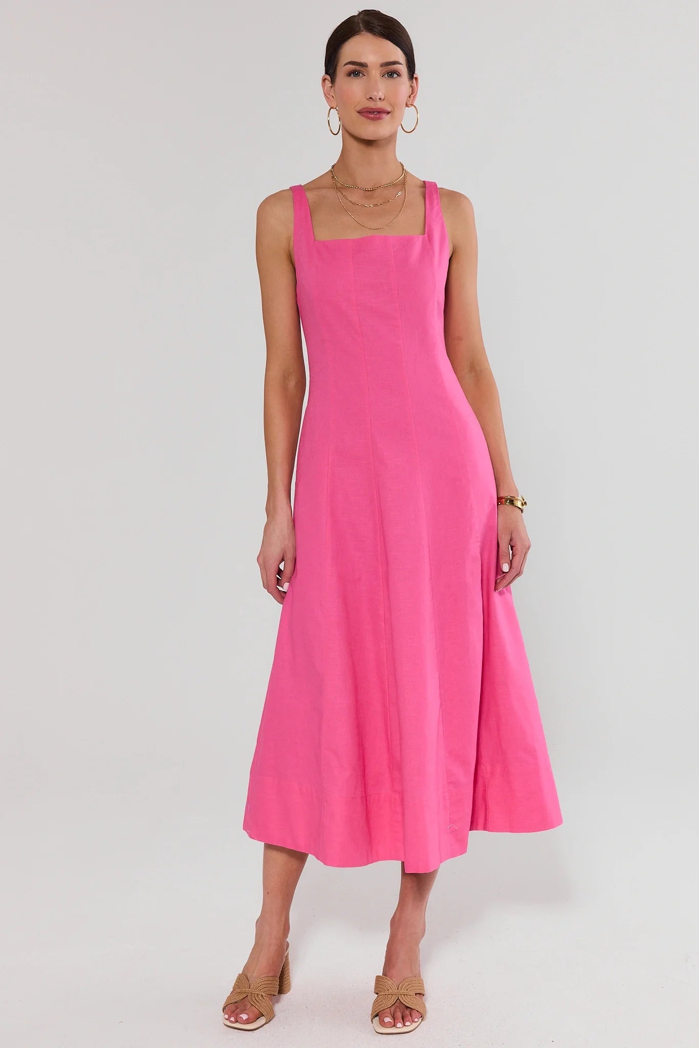 Pink Square Neck Midi Dress