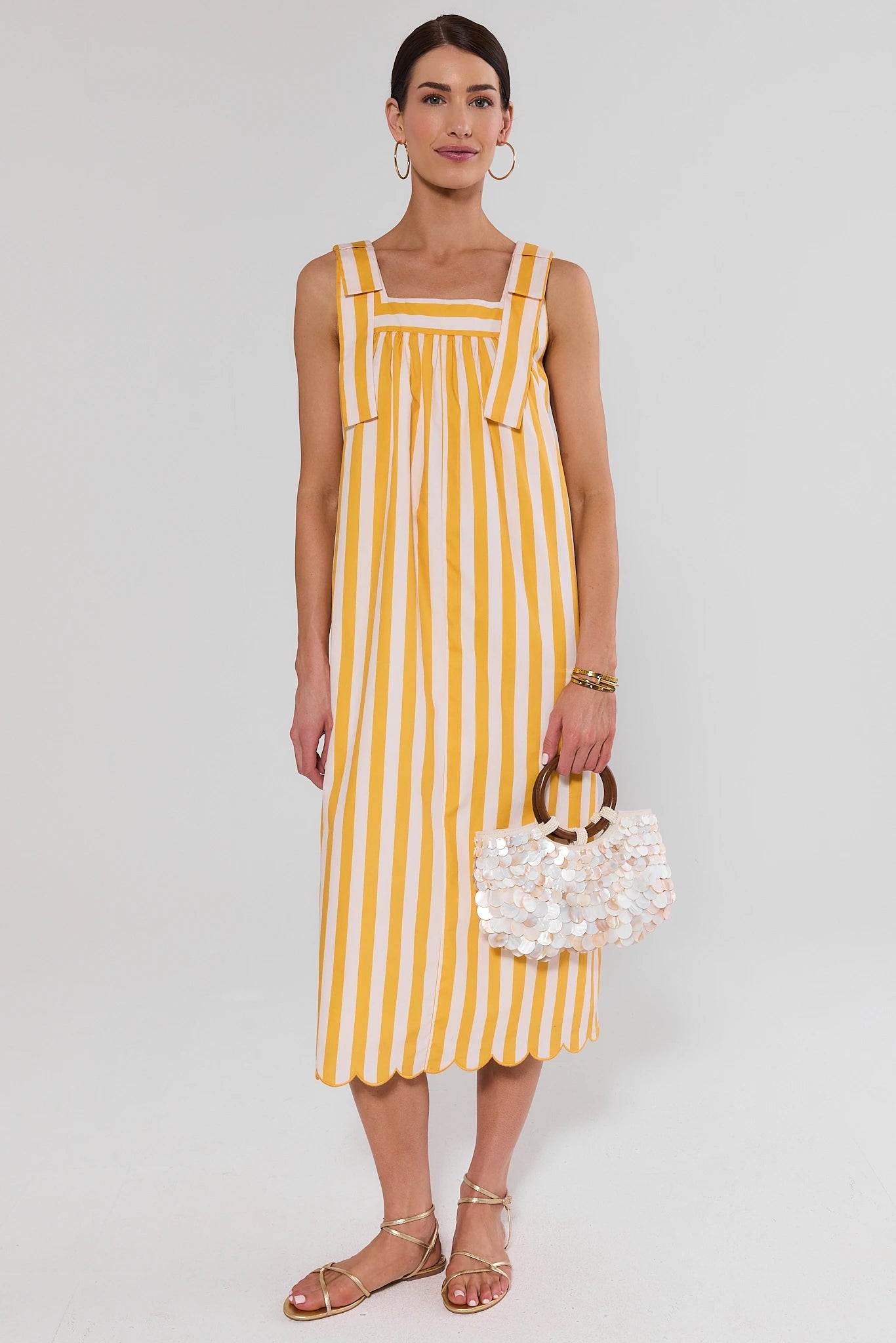 Yellow Stripe Scalloped Midi Dress | Avara Yellow Stripe Scalloped Midi Dress | Avara