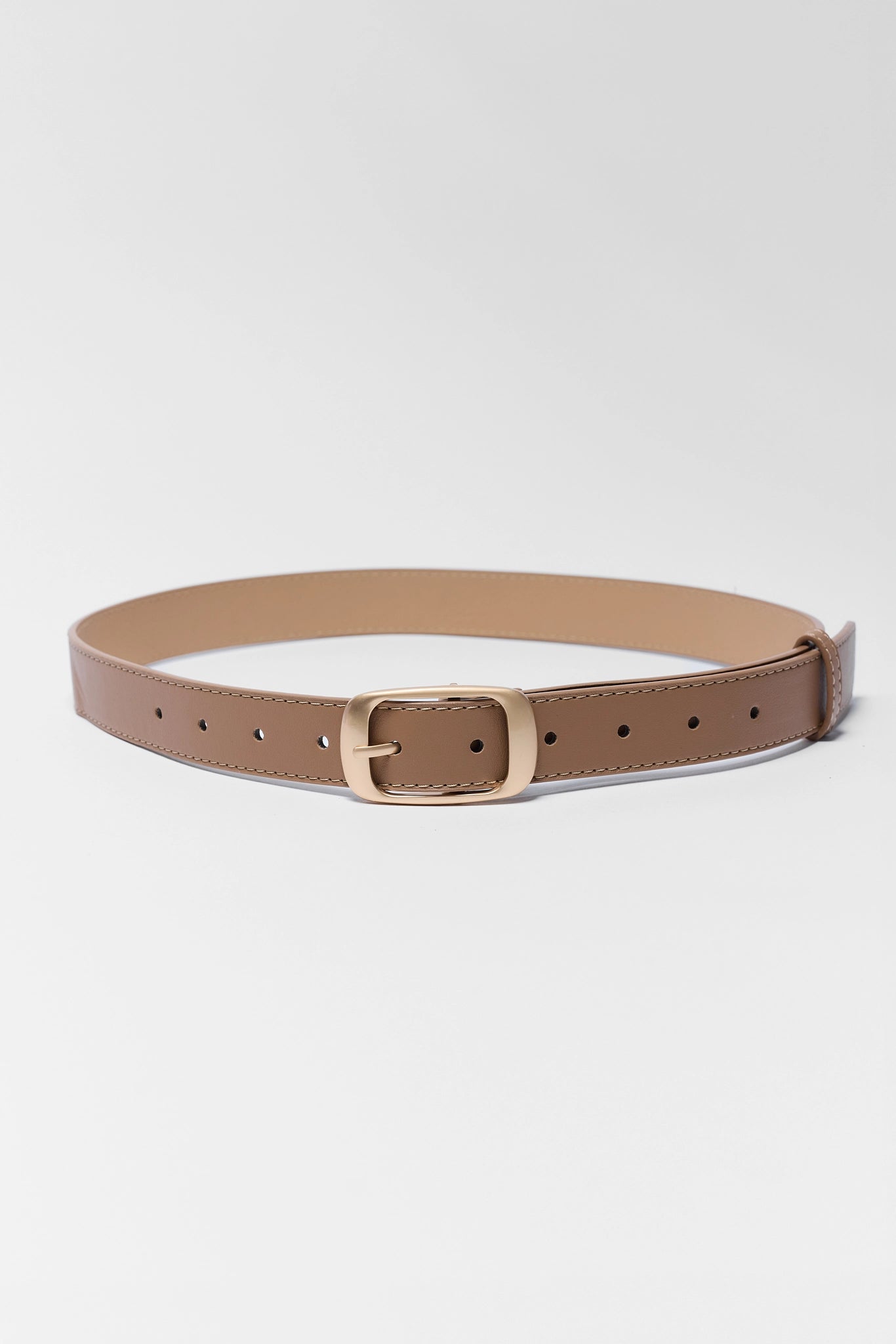 Tan belt with a gold buckle on a white background
