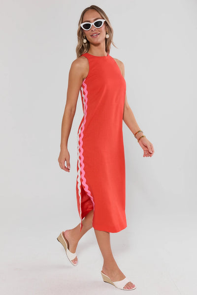 orange and red dress Women's Midi with Ric Rac Trim | Avara canada-inventory-2 plated detail French Novelty | Jacksonville, Color:Grey dress