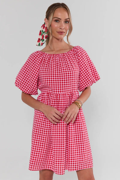 Red Gingham Boat Neck Short Dress | Avara