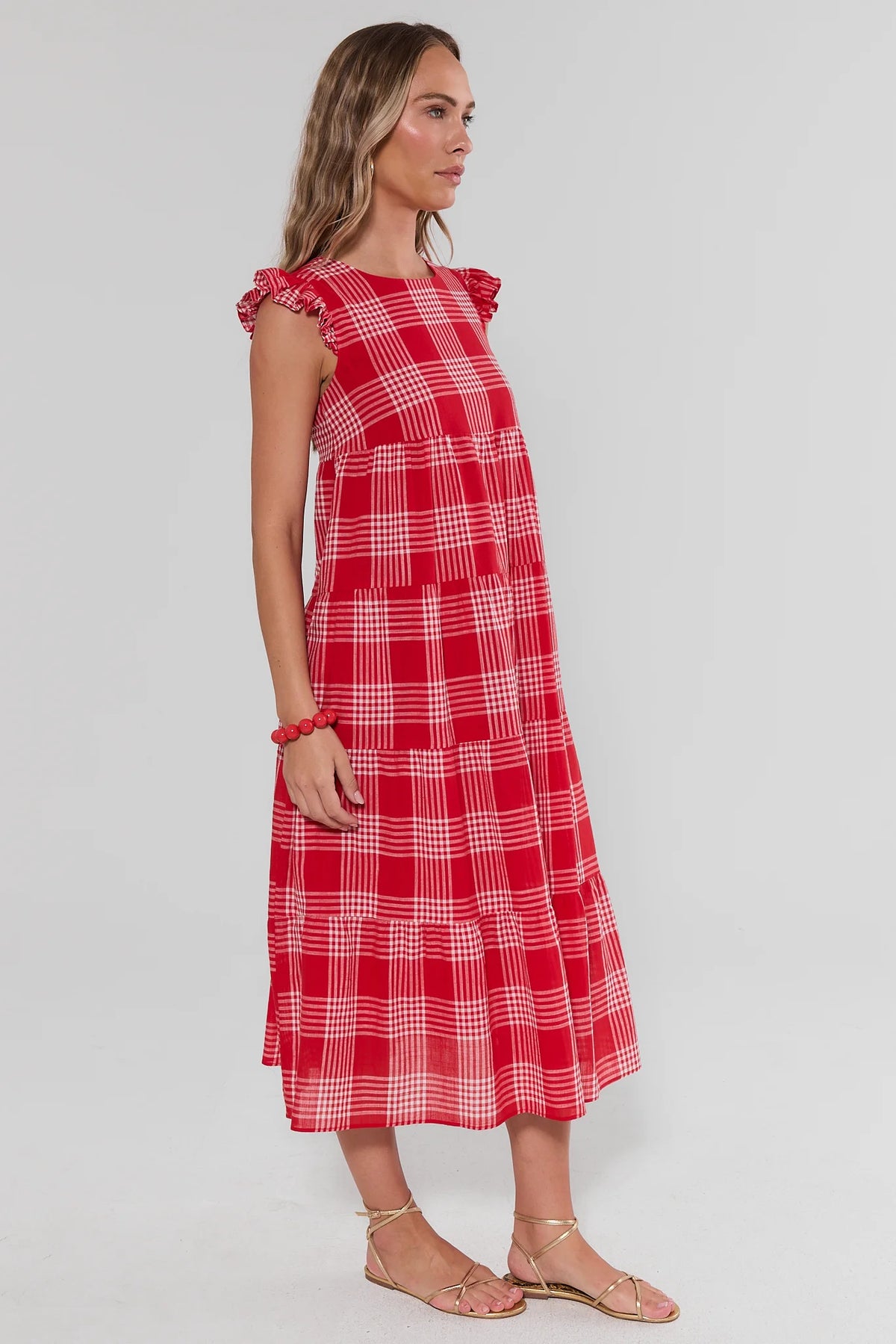Women's Red Plaid Flutter Sleeve Midi Dress | Avara