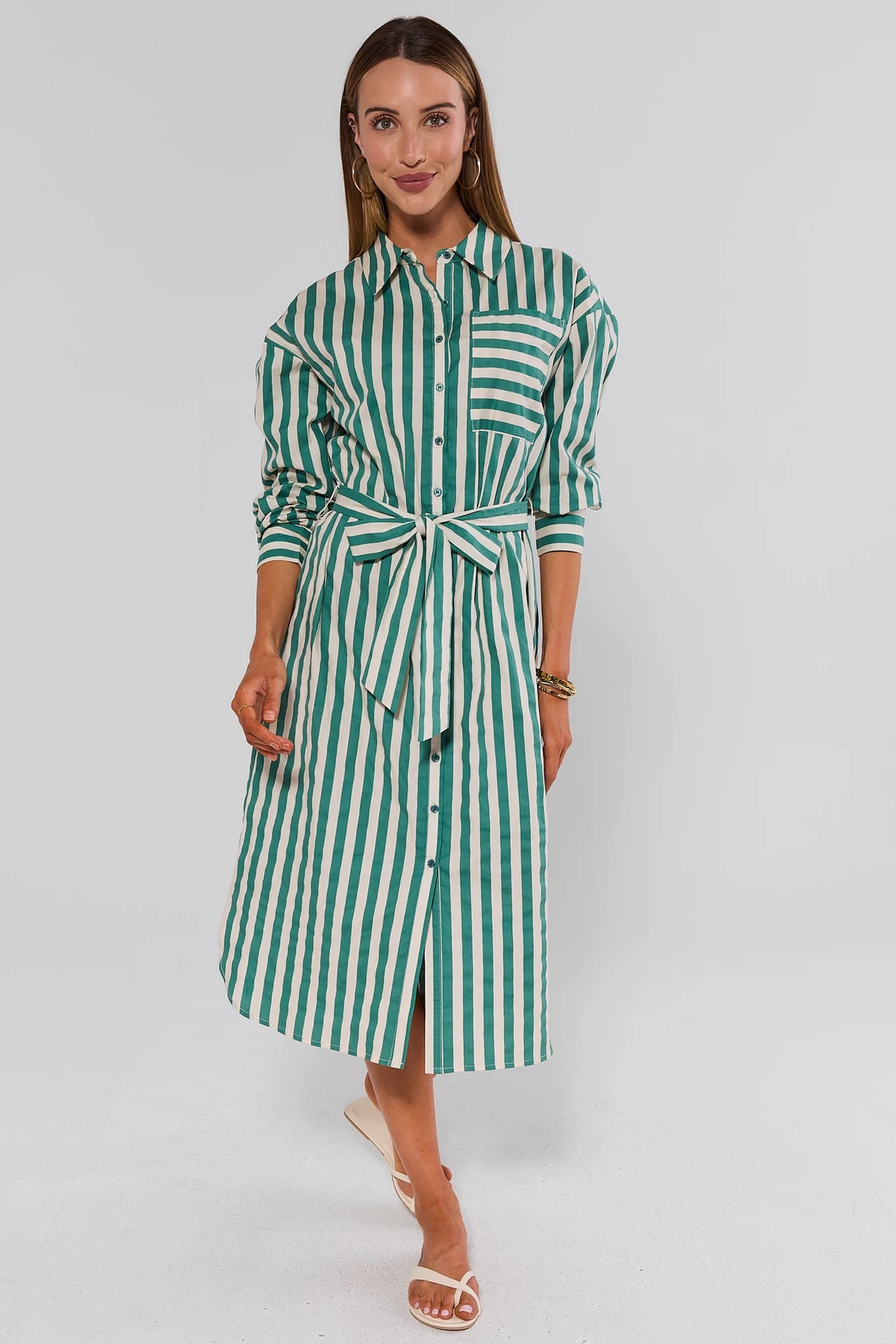Green Striped Button Up Midi Dress | Women's Clothing