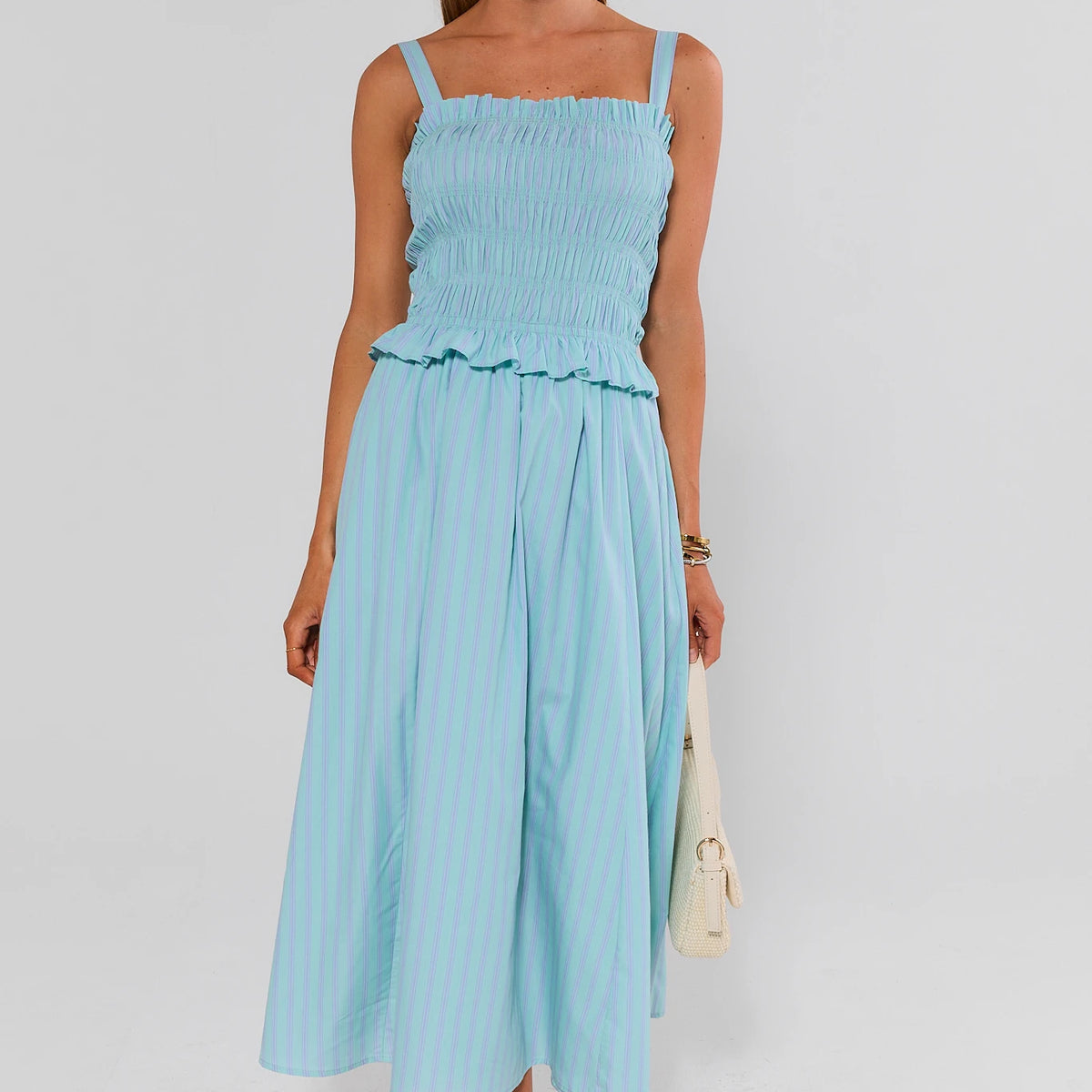 mint green striped dress Women's Stripe Smocked Maxi | Avara slit detail