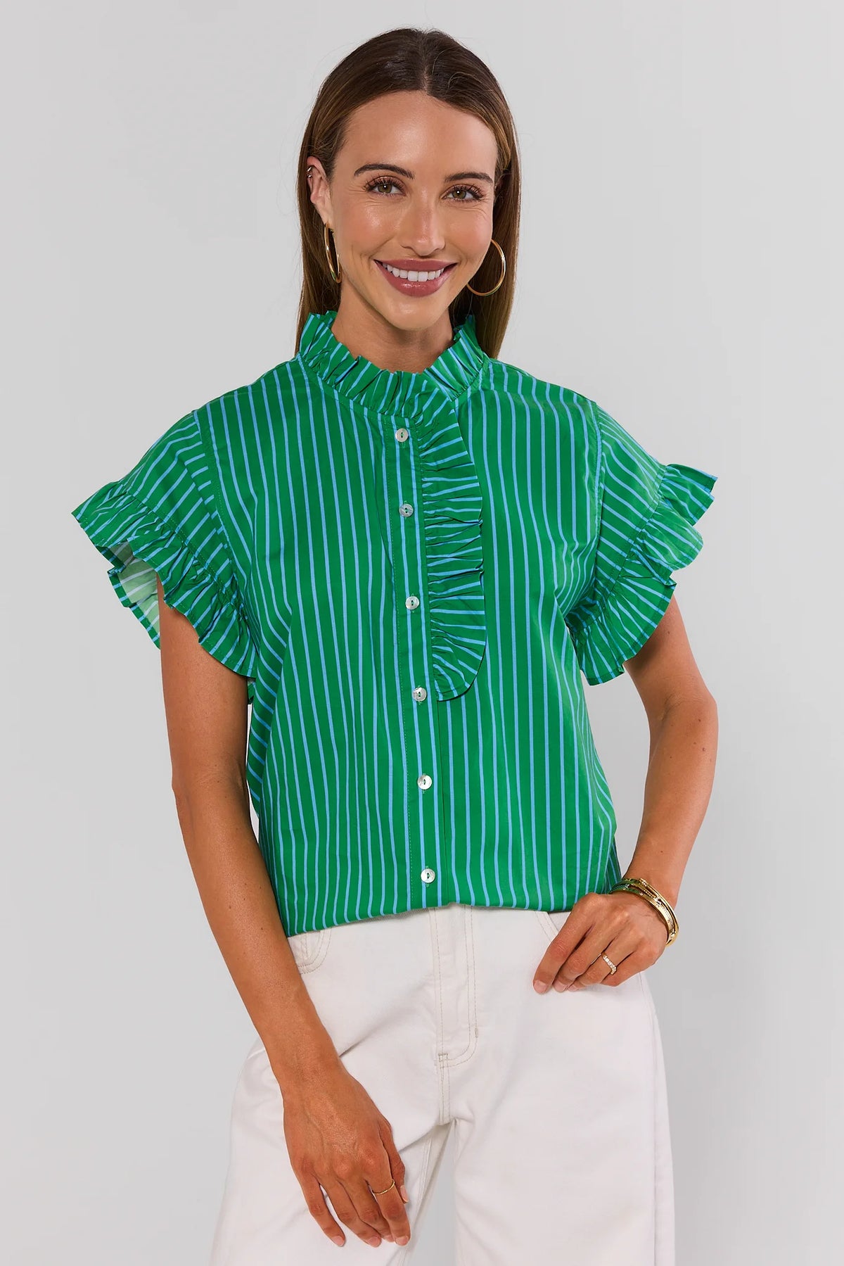 Women's Green Striped Ruffle Top | Avara | Avara