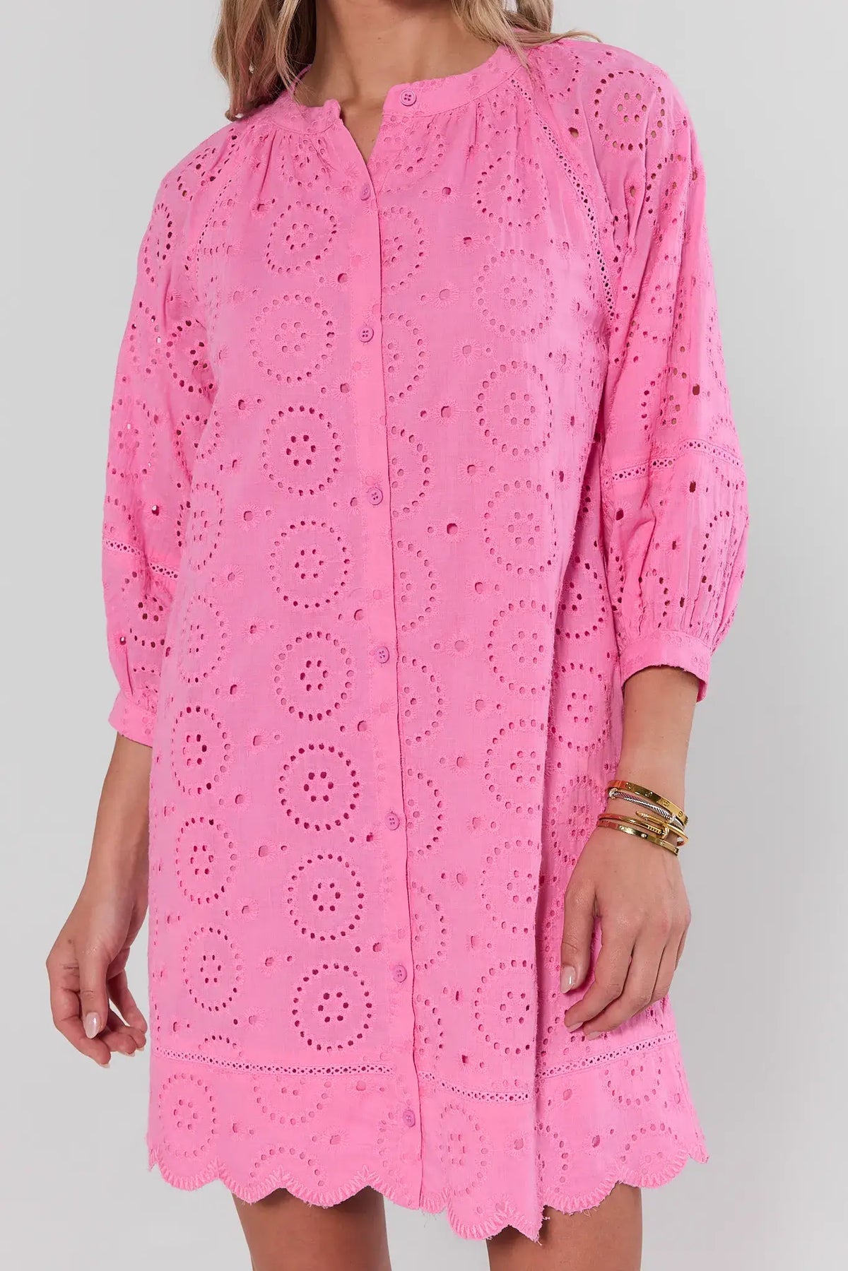 pink eyelet dress womens Pink Collared Button Front Self Tie Eyelet Midi Dress