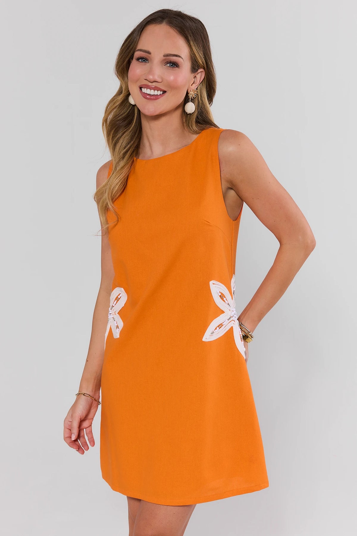 Women's Orange Floral Embroidered Short Dress | Avara