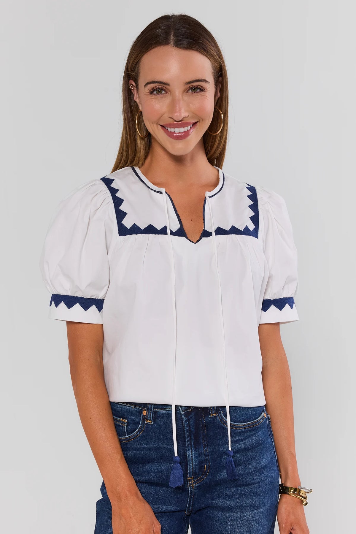 Women's White Embroidered Puff Sleeve Top | Avara | Avara