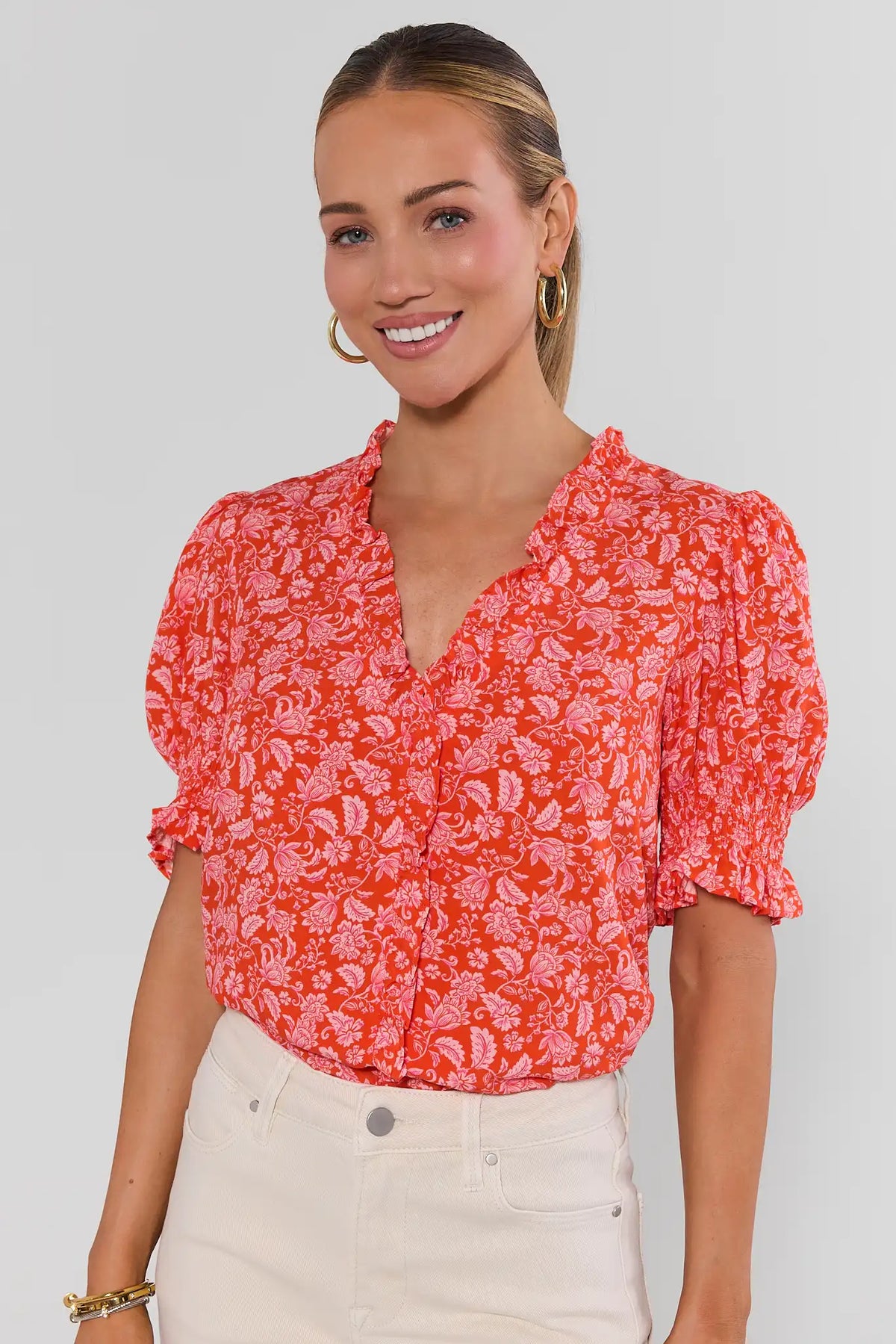 Women's Orange Floral Puff Sleeve Top | Avara | Avara