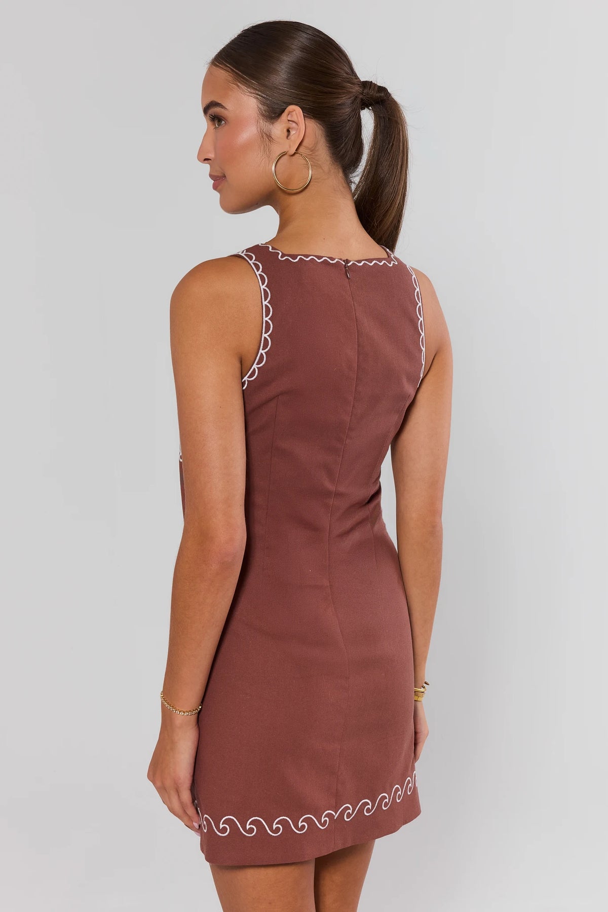 Women's Brown Shell Embroidered Short Dress | Avara