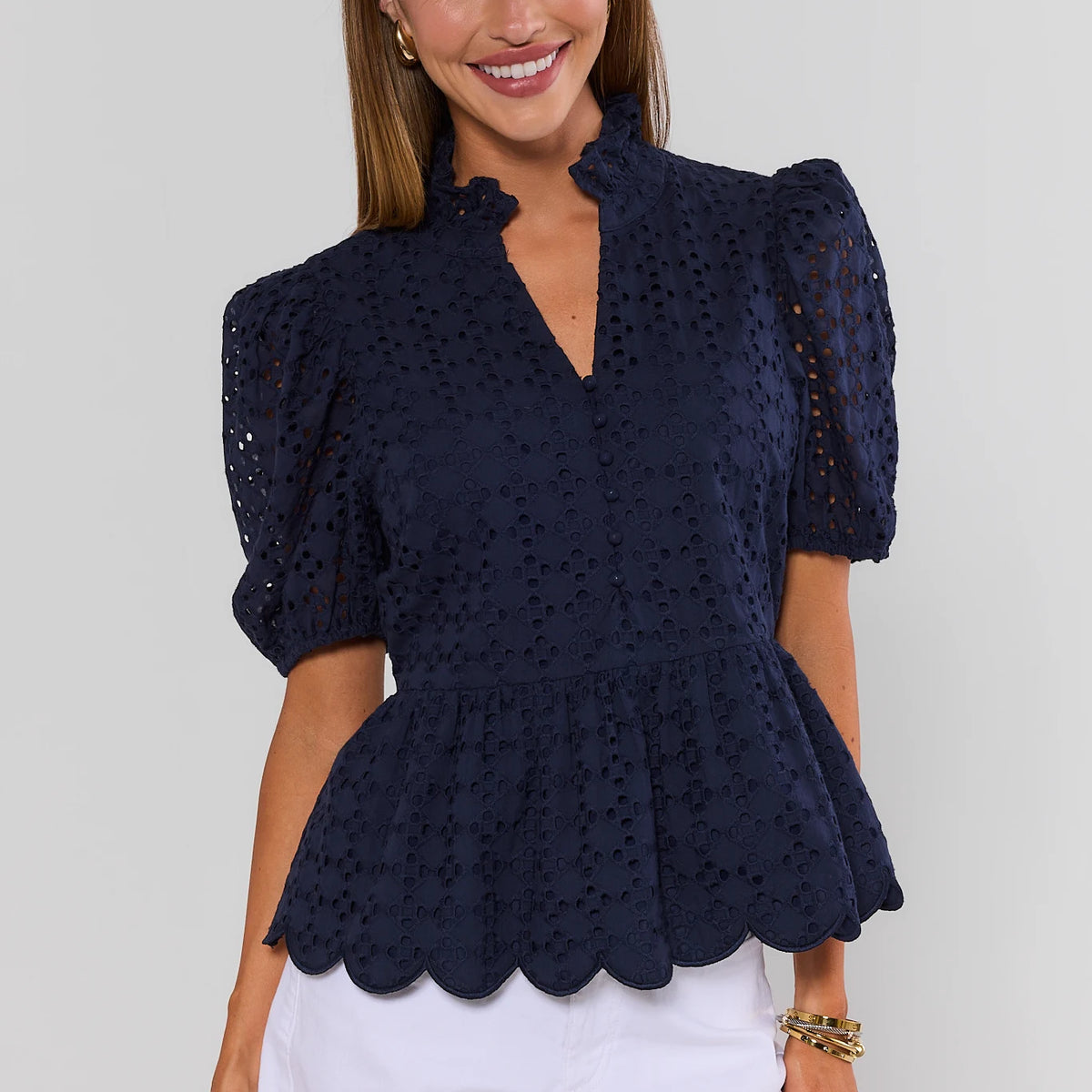 Navy Eyelet Peplum Top | Avara | Avara