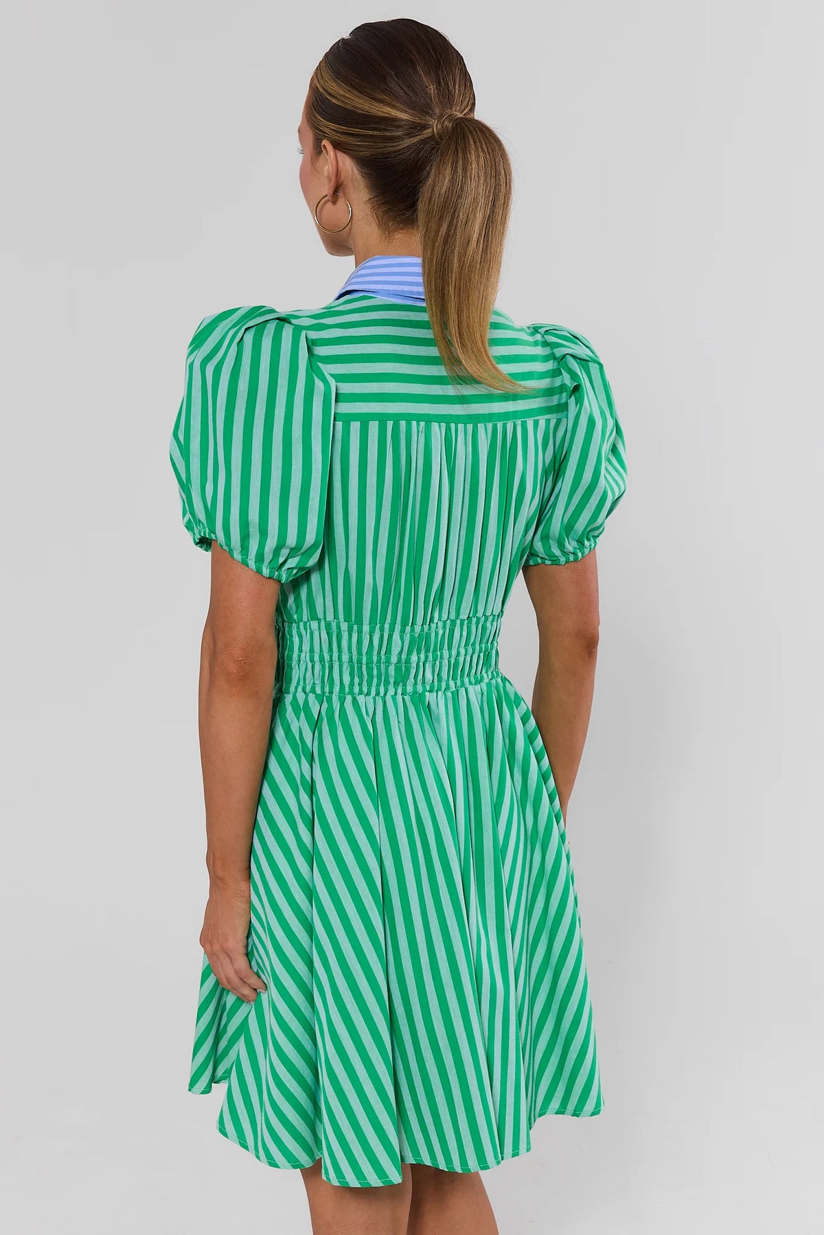 Green Striped Button Up Short Dress
