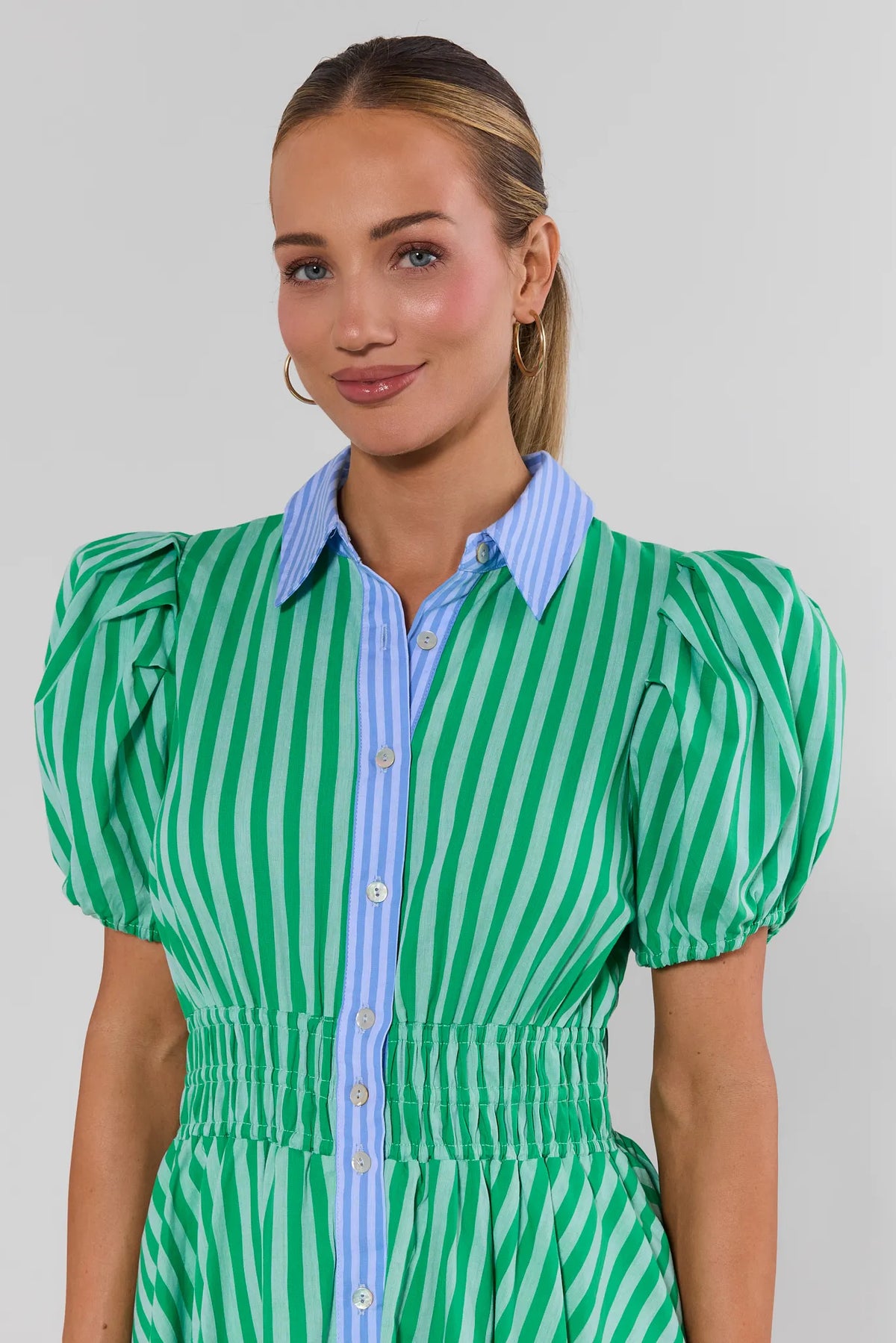 Green Striped Button Up Short Dress | Women's Clothing