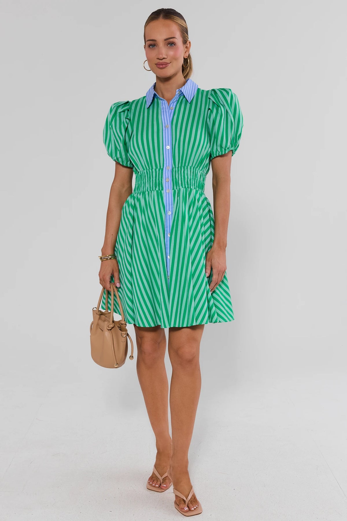 Green Striped Button Up Short Dress | Women's Clothing