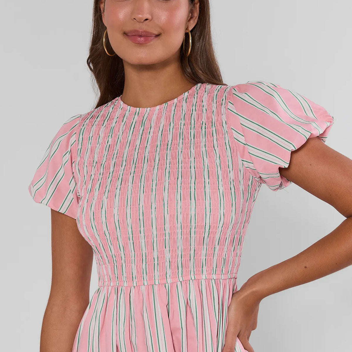 pink dress with black stripes Hot Pink Striped Smocked Midi Dress Confetti Boutique