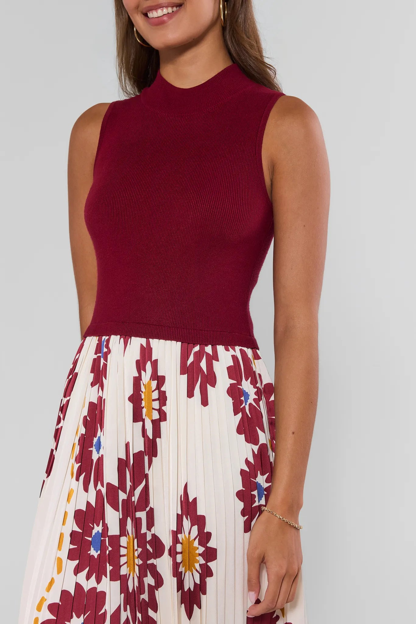 close up woman wearing marcia burgundy midi dress on white background