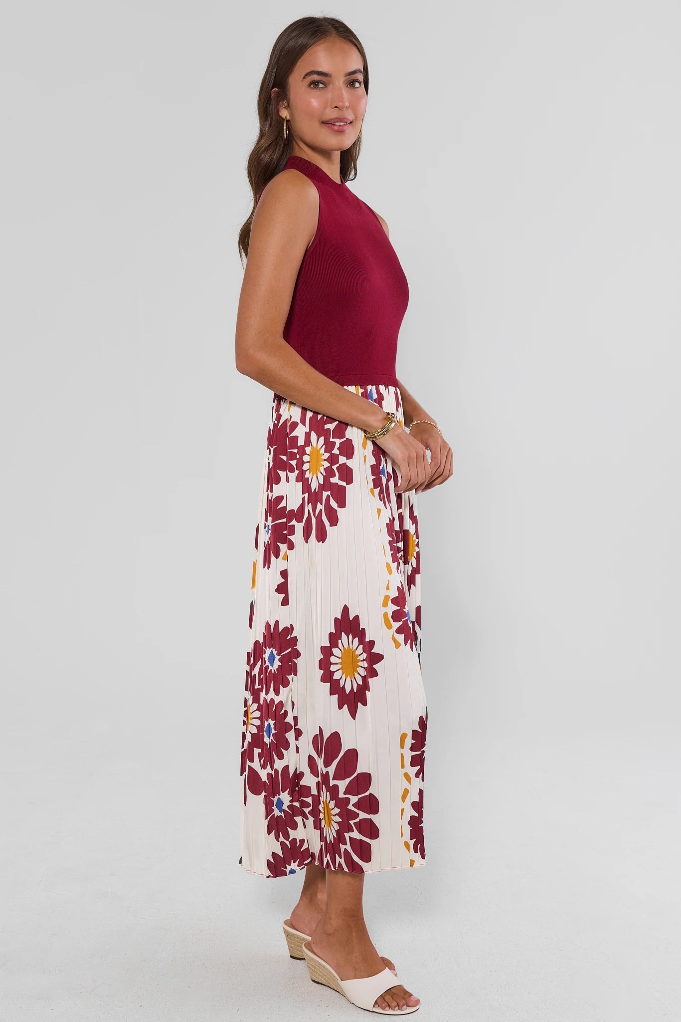 woman wearing marcia burgundy midi dress on white background side