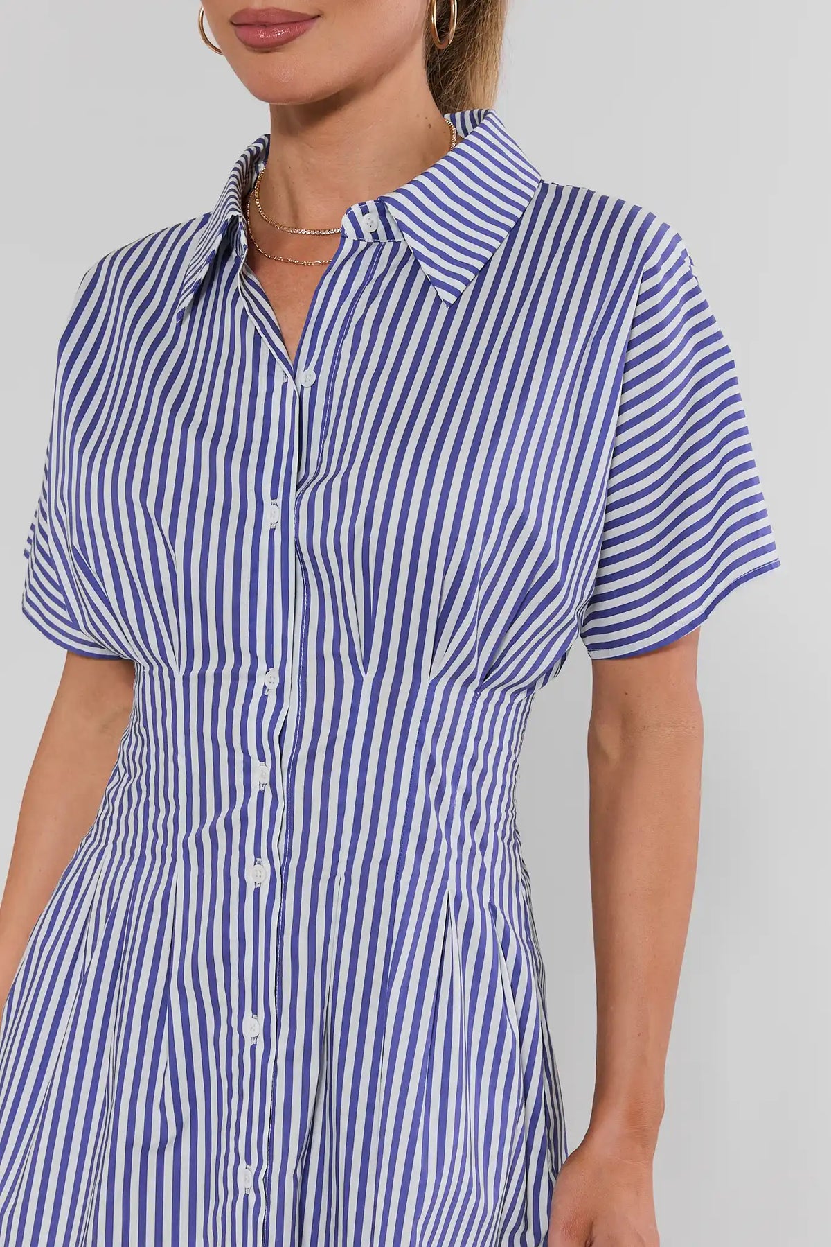 blue striped button down dress Olivia Up Short and gently flared skirt