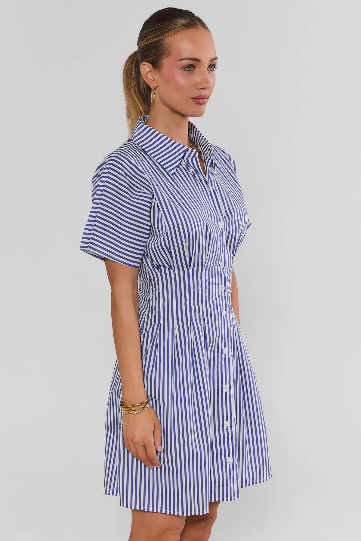 Olivia Blue Striped Button Up Short Dress