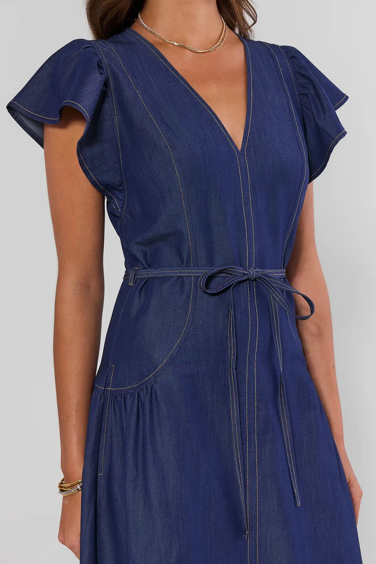 Denim Flutter Sleeve Midi Dress | Women's Clothing