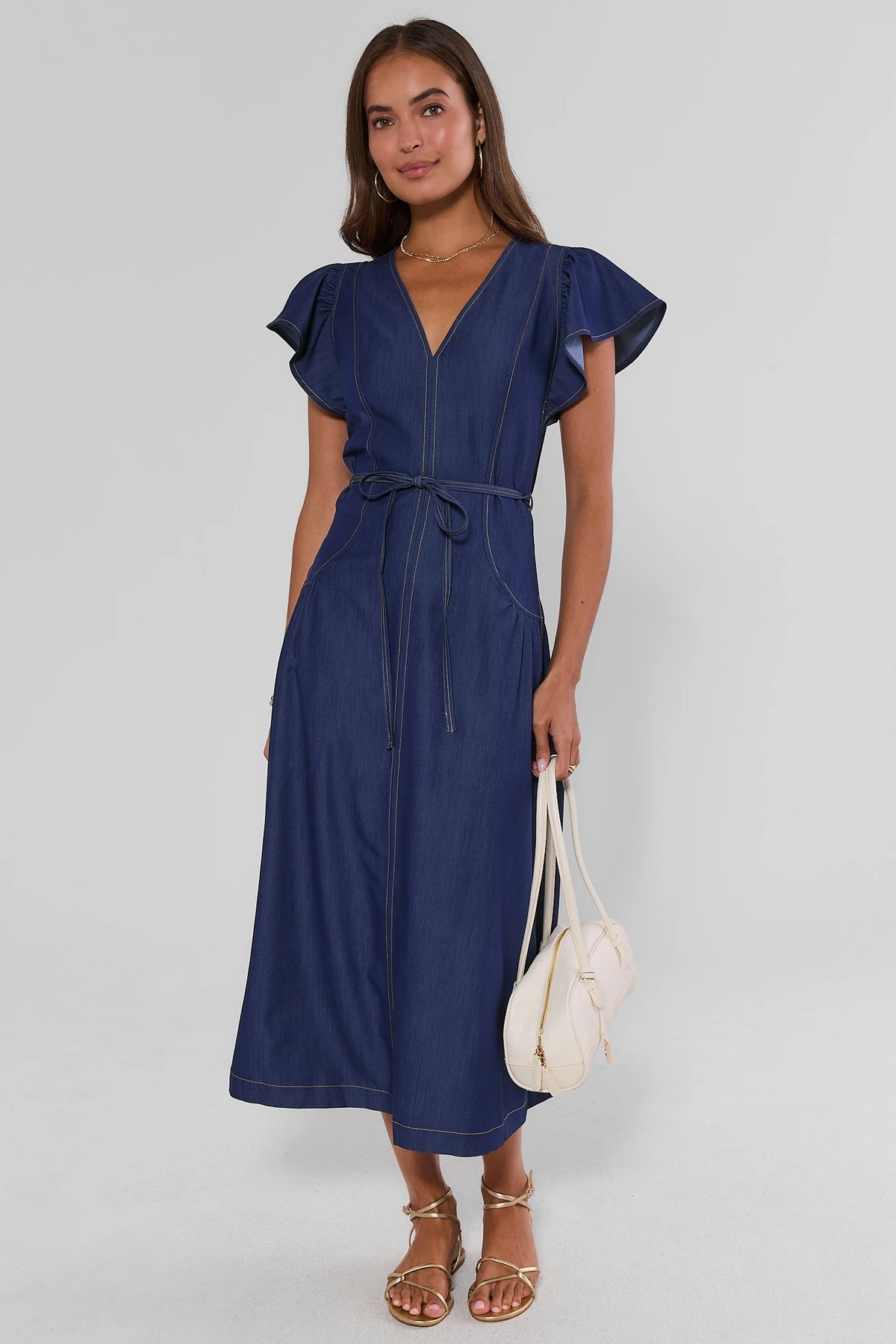 denim dress wrap Flutter Sleeve Midi | Women's Clothing Corporate Cocktail Attire Guide black shrug Stylish wrap front design Silk Satin Colors:Hot Pink 791