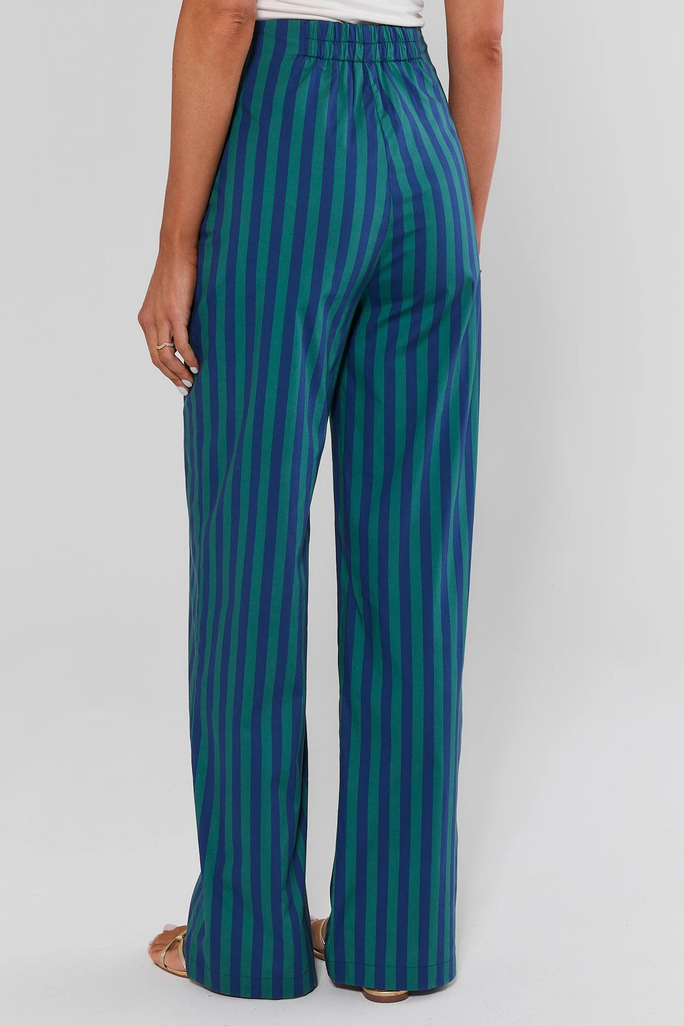 A woman standing backwards wearing Sabine Green Stripe Wide Leg Pants on a white background
