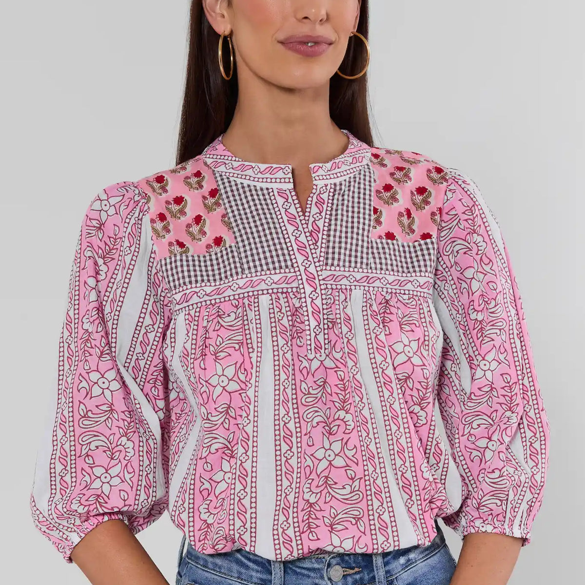 Pink Printed Split Neck Top by THML | Avara