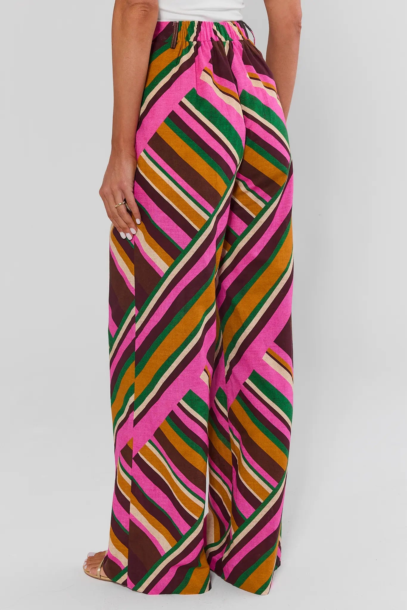 Woman turned wearing Gabby Multi Striped Wide Leg Pants on a white background