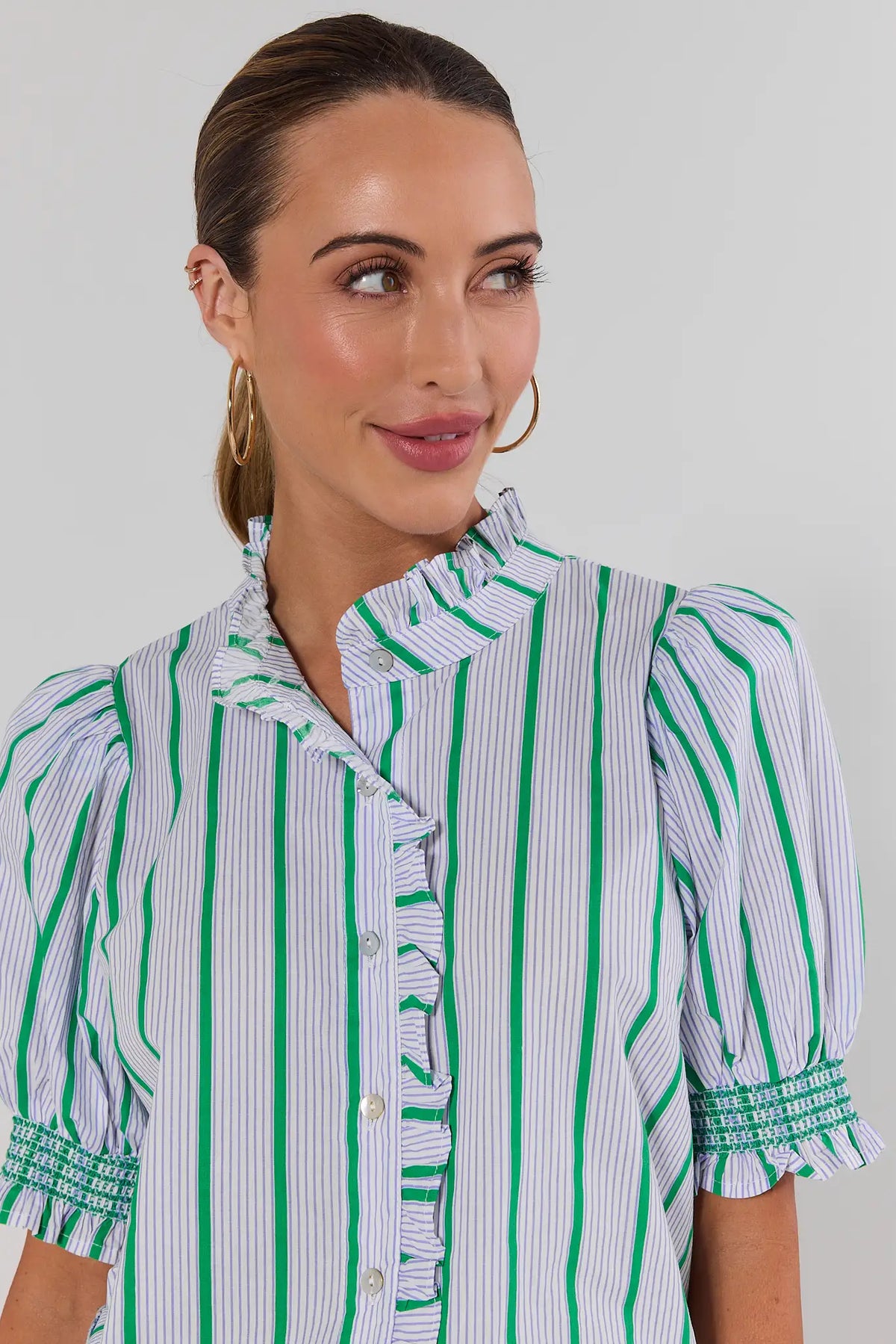 Blue Striped Ruffle Button Up Top | Avara | Avara
