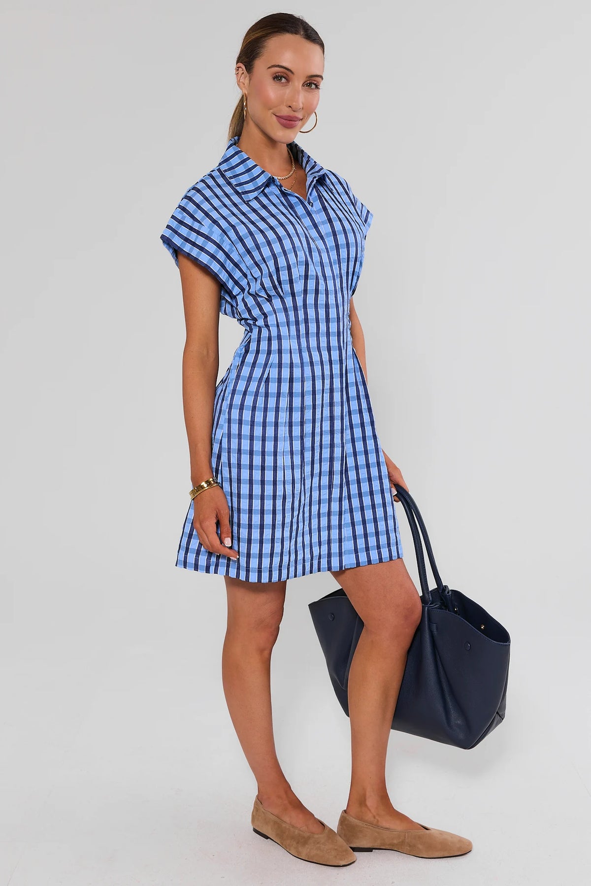 blue gingham dress short Collared by THML Dark She loves a classic A-line Appliques Black Long Color:Denim blue