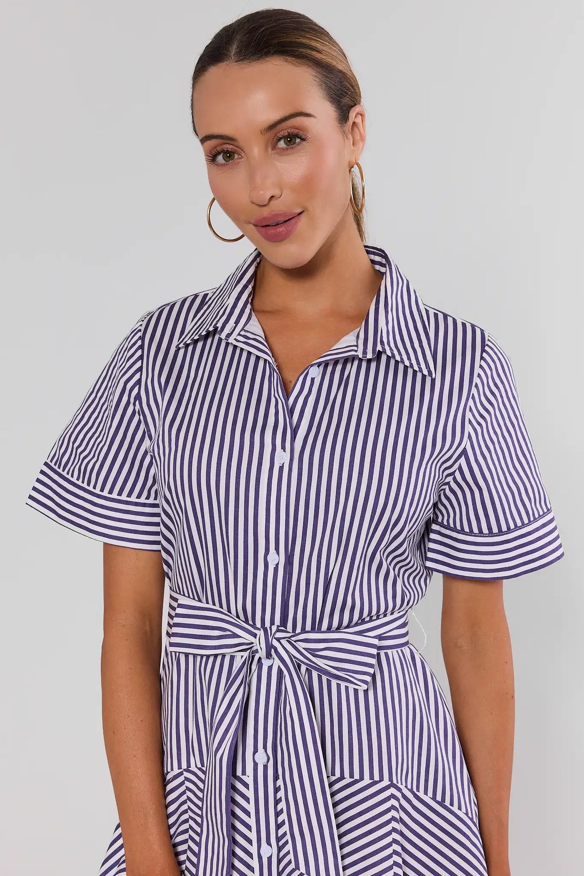women's striped shirt dress Millie Purple Short Color:GREEN-PINK-CORAL Maya Ruffled Cotton Mini up polish to undone escapes