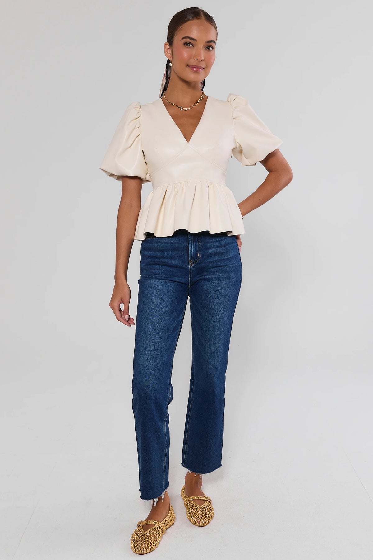 Ivory Faux Leather Peplum Top | Avara