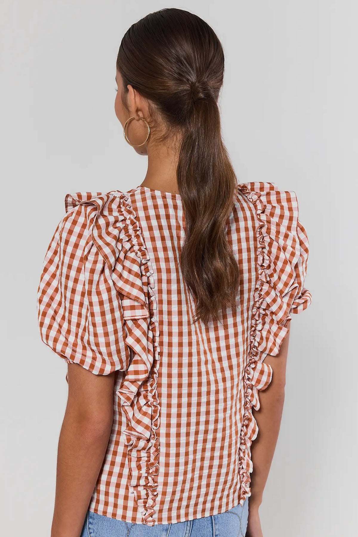 HOUGA × AMPHI RUFFLED TOPS & BOTTOMS WK30-SKU19495-Orange-Gingham-