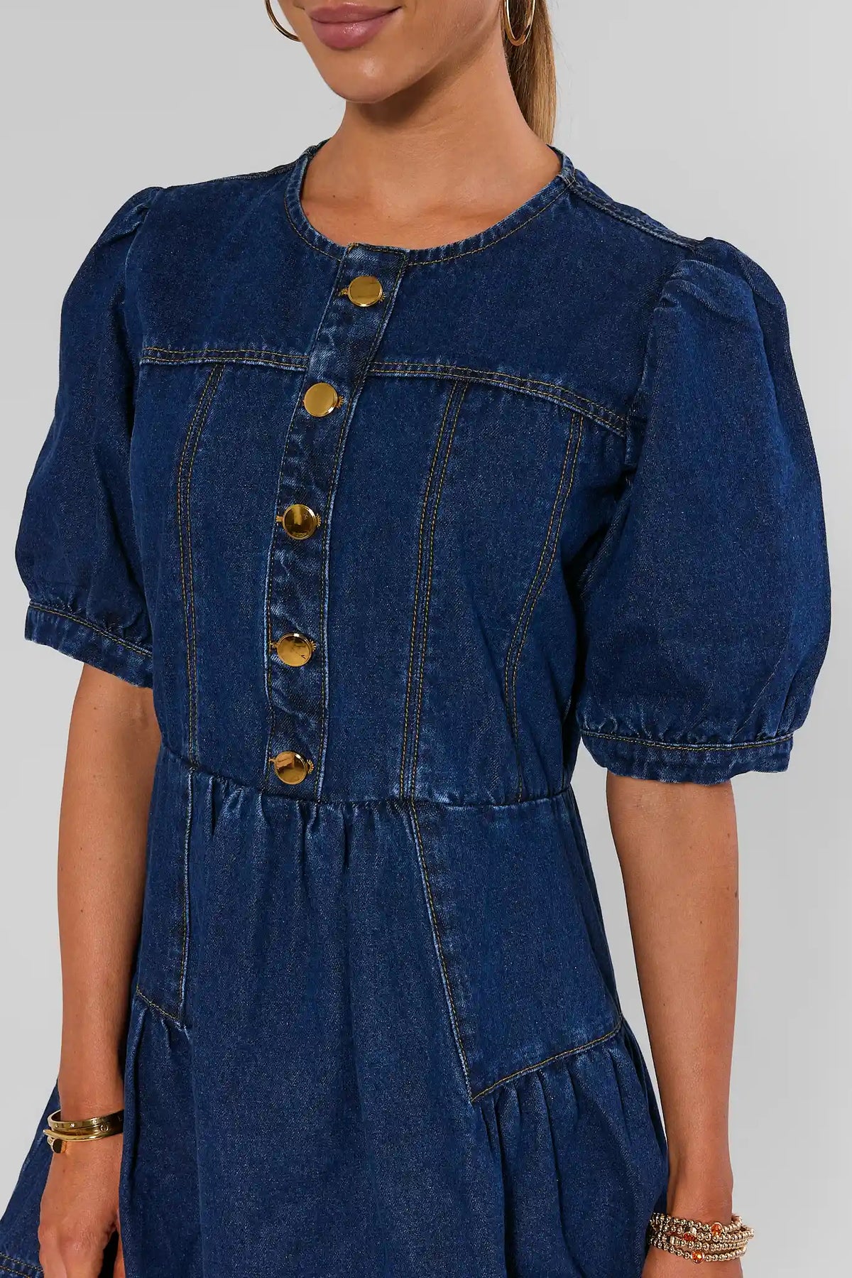 Dark Denim Puff Sleeve Short Dress | Avara
