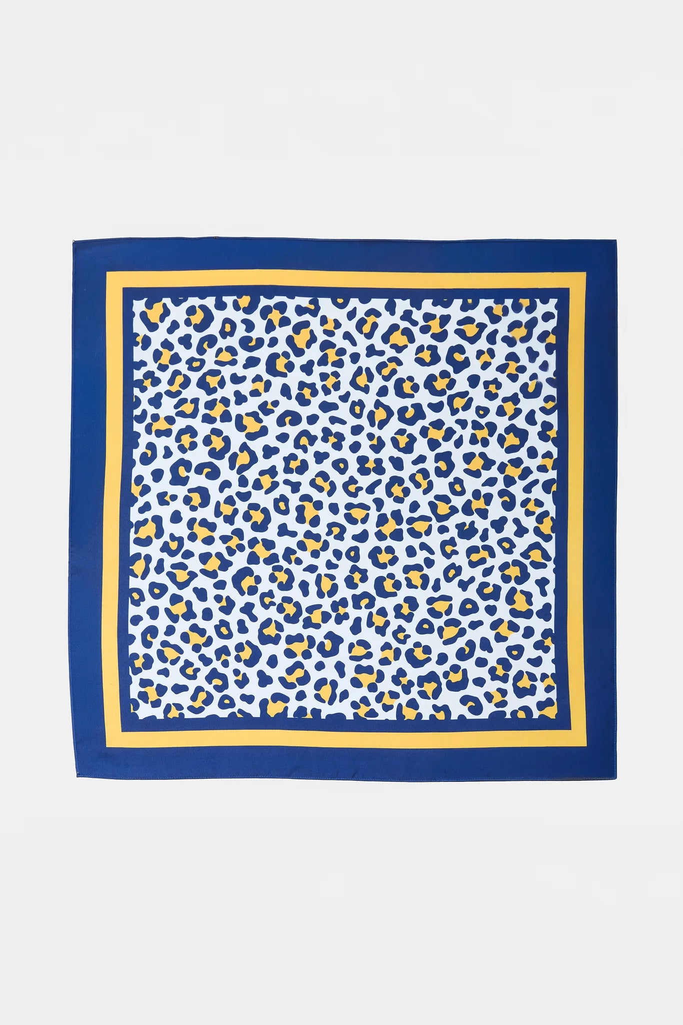 A square scarf with a blue and white leopard print pattern, framed by a gold border and a solid blue outer border, shown flat against a light gray background.