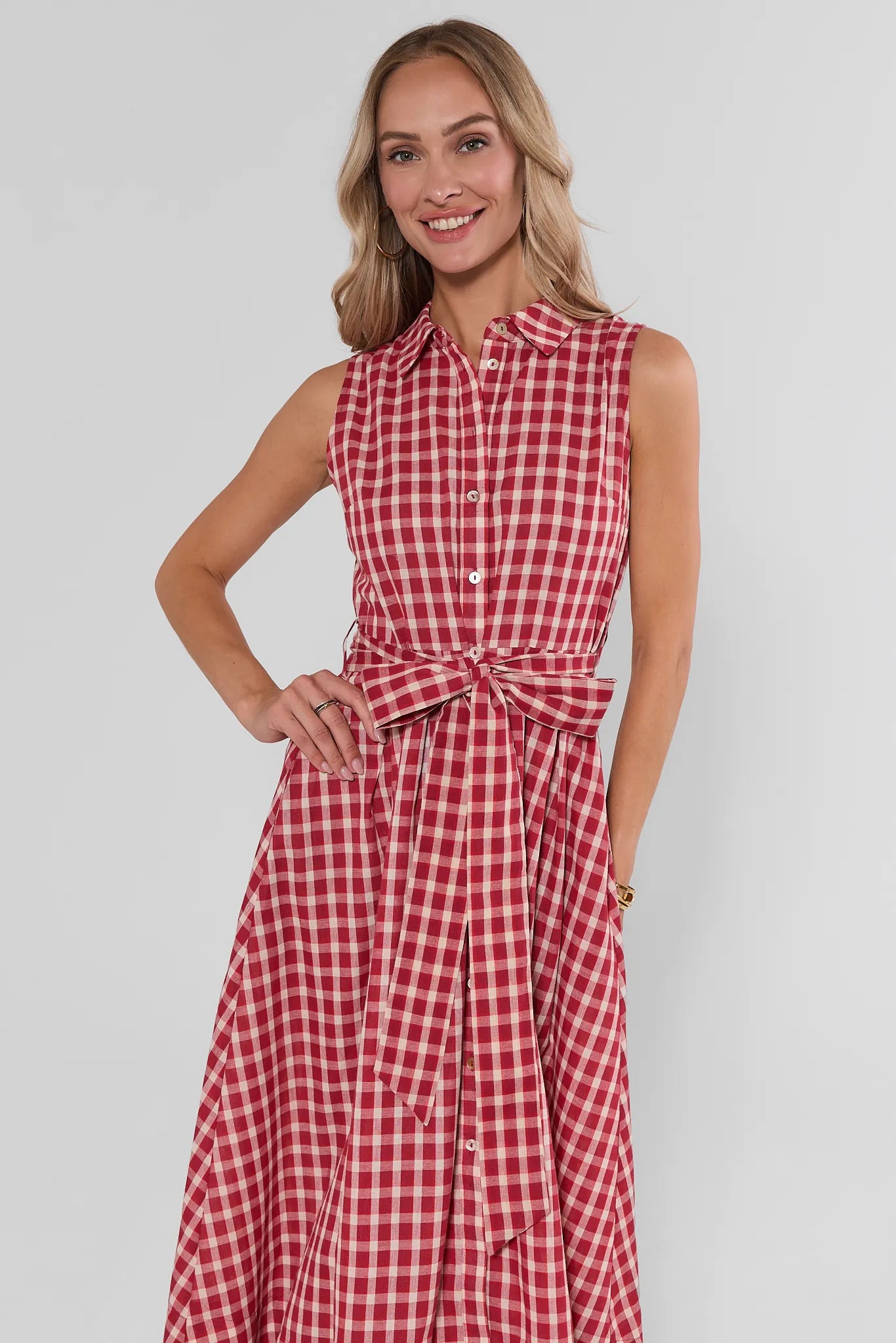 Red Gingham Tie Waist Midi Dress