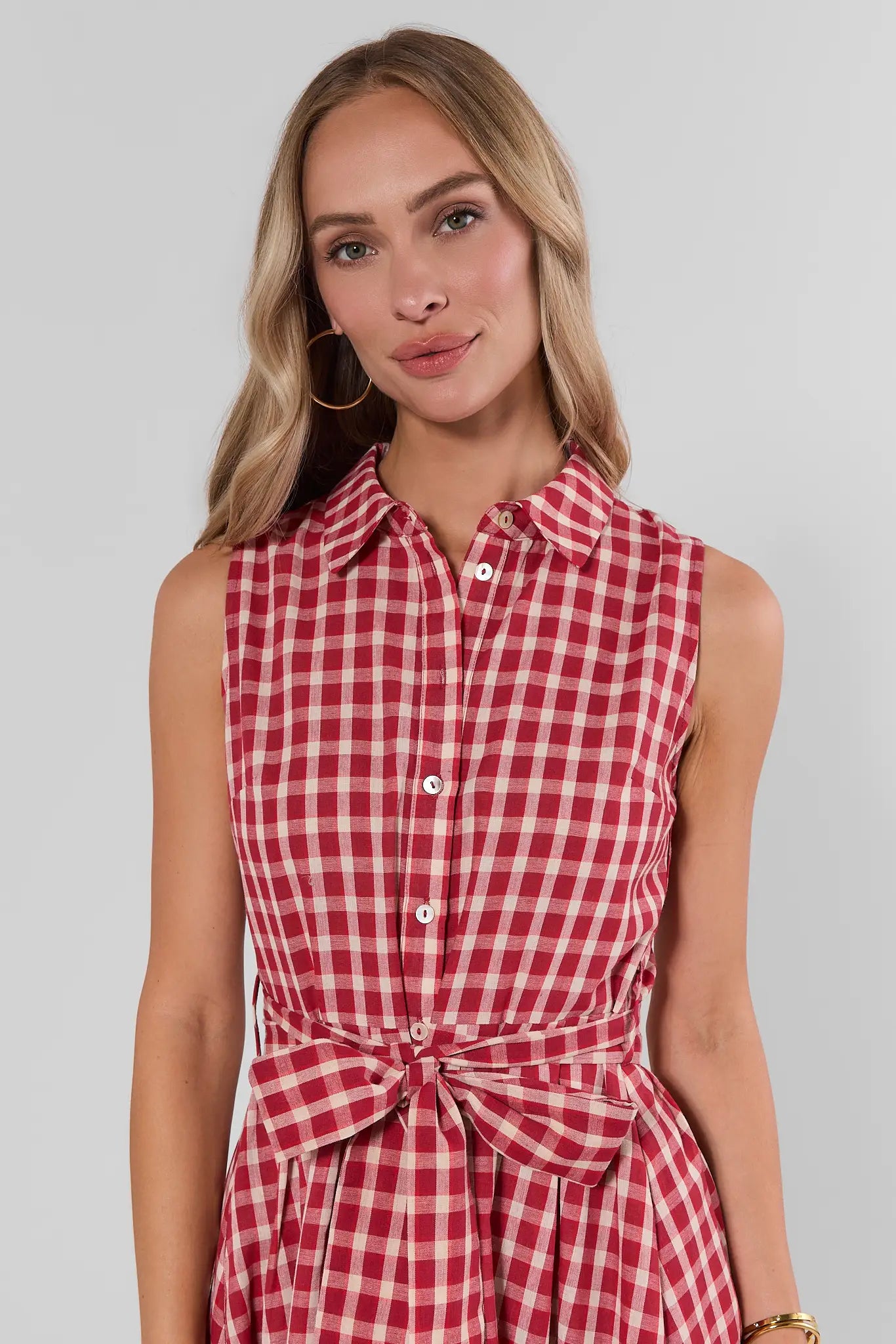 Red Gingham Tie Waist Midi Dress