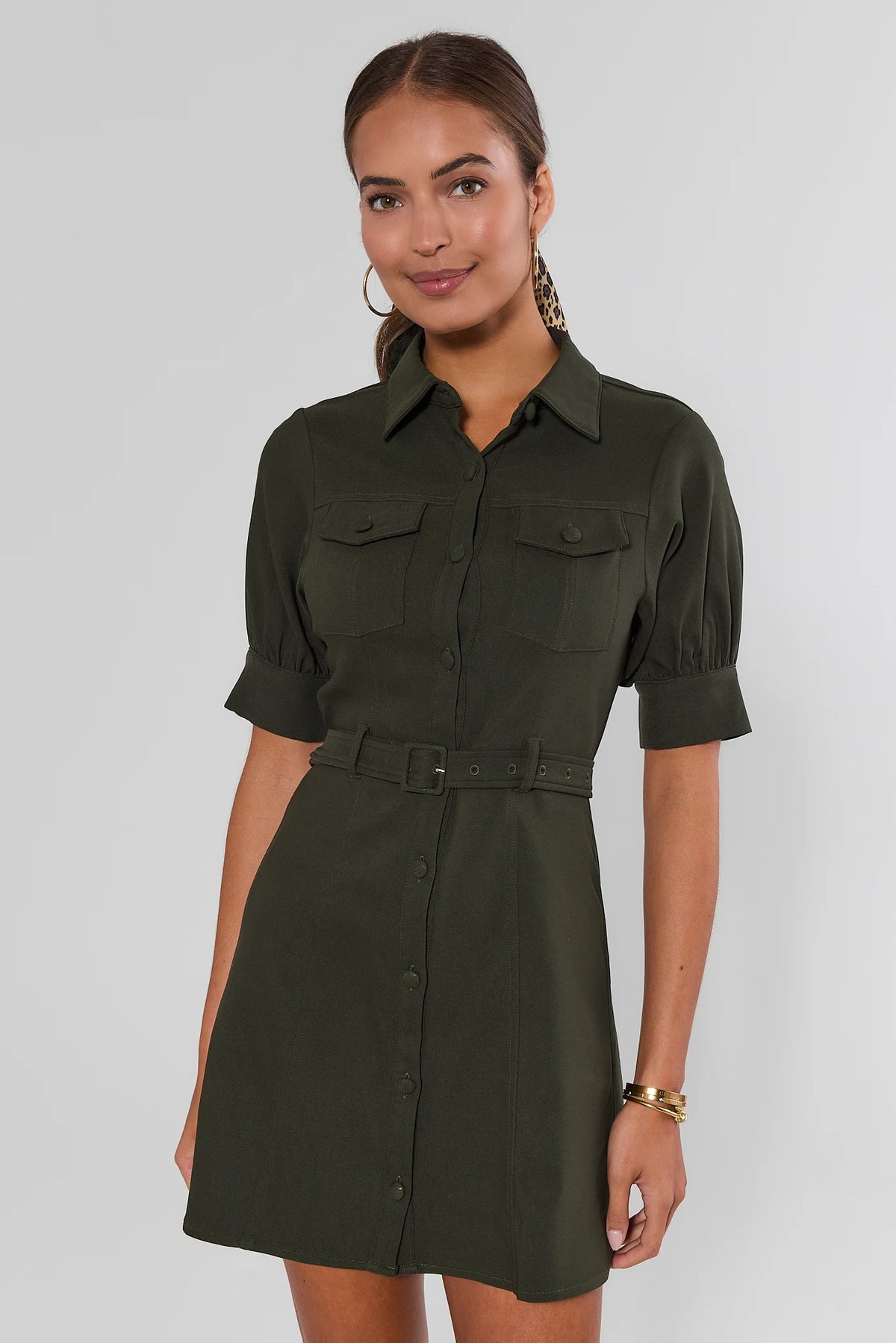 Green Button Up Belted Short Dress