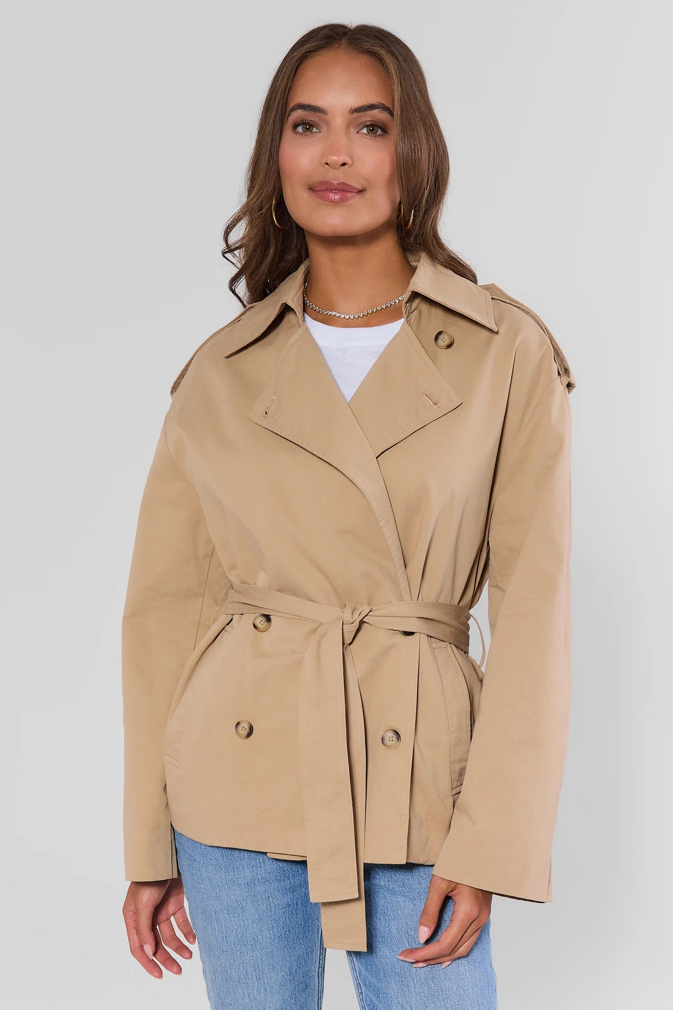 Tan Belted Short Trench Coat