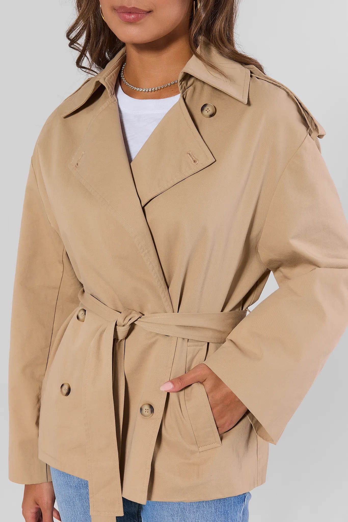 Tan Belted Short Trench Coat