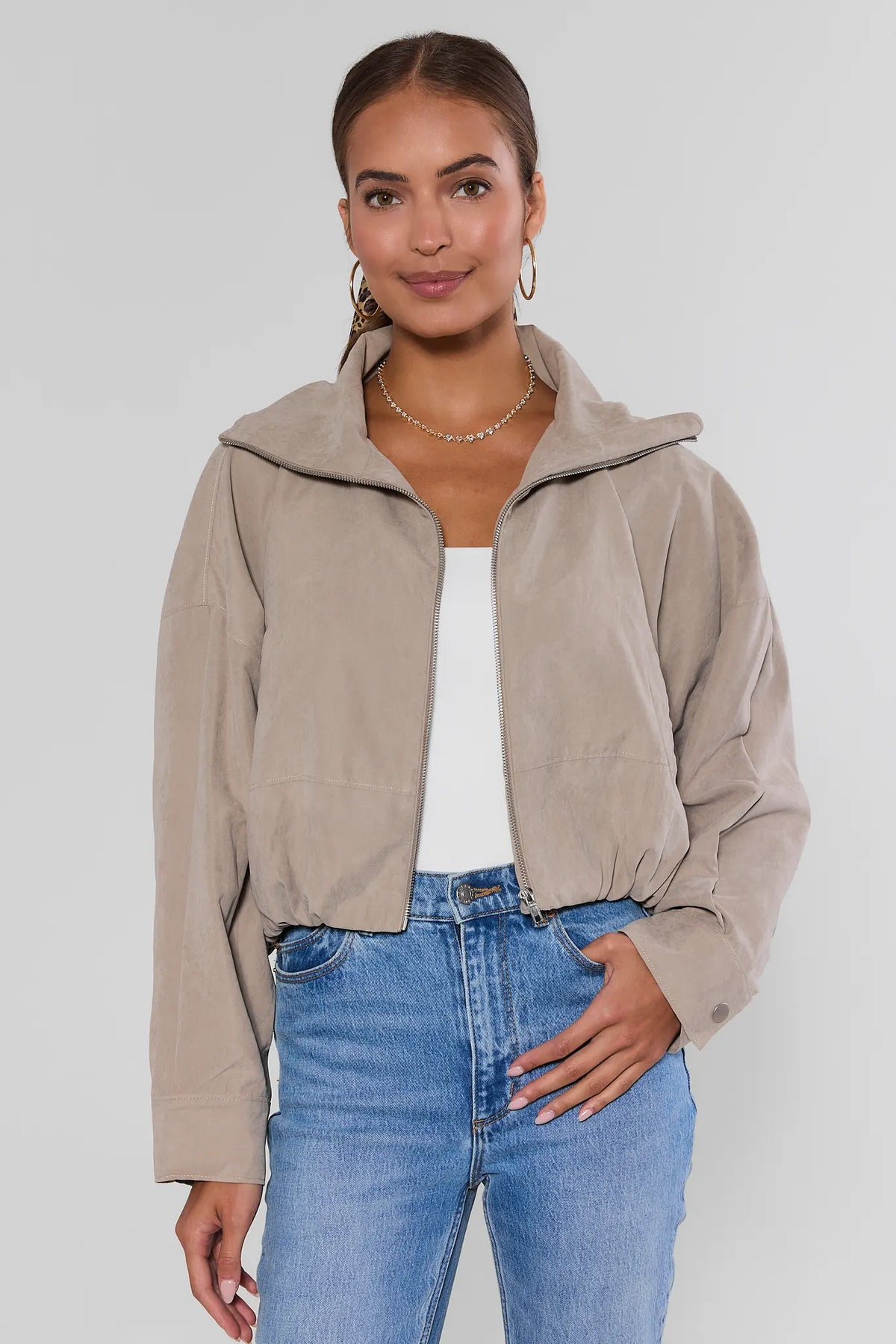 Tan Faux Suede Zip Up Jacket | Avara