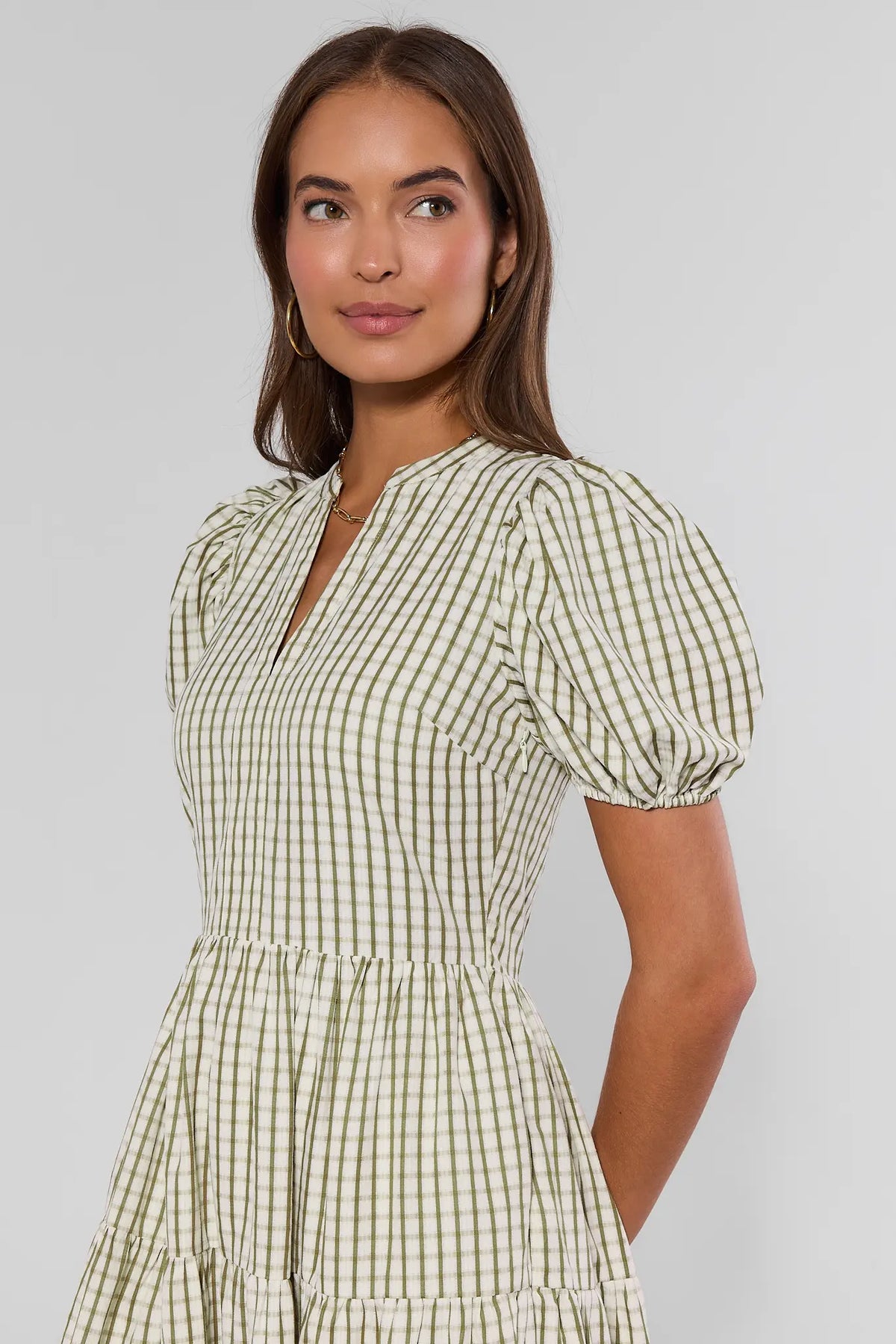 Green Plaid Split Neck Midi Dress